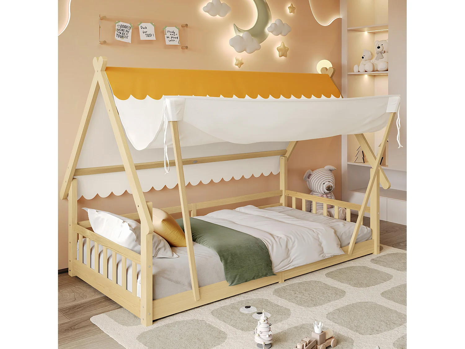 Łóżko pojedyncze 90 x 200 cm - Łóżko dziecięce z barierką i namiotem - wzór chaty z bali - materac nie jest wliczony w cenę 4626584 - obrazek 1