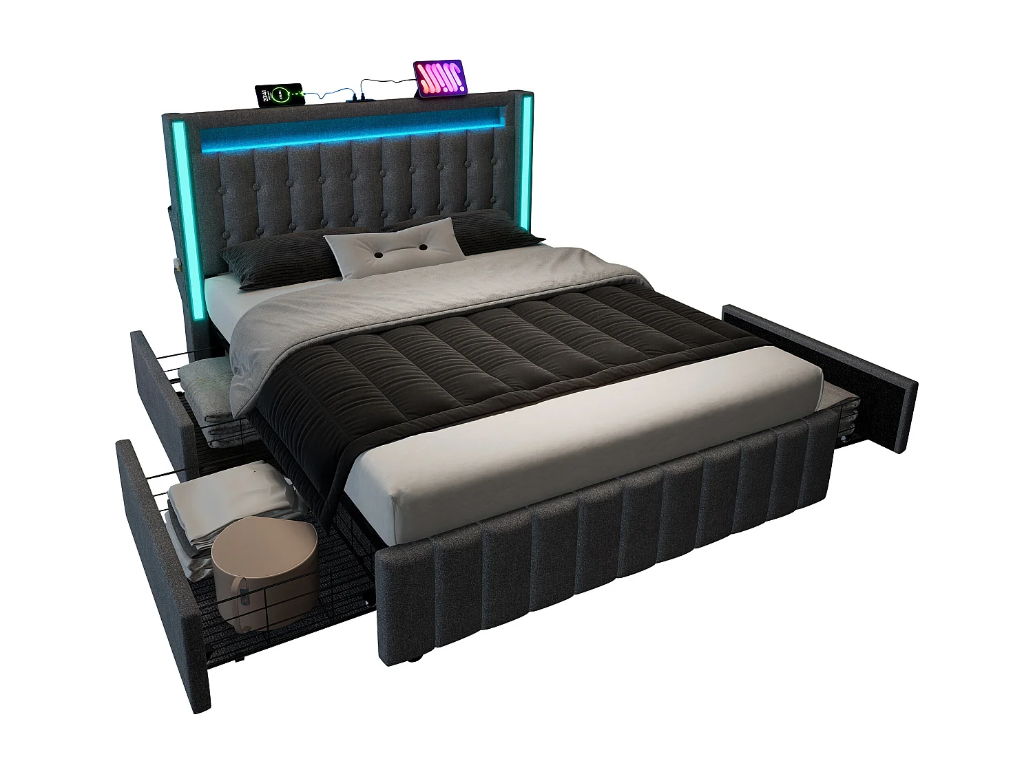 Łóżko tapicerowane 140 x 200 cm z 4 szufladami - Gniazda USB typu C i oświetlenie LED - Tkanina lniana - Szare (bez materaca) 3402591 - obrazek 1