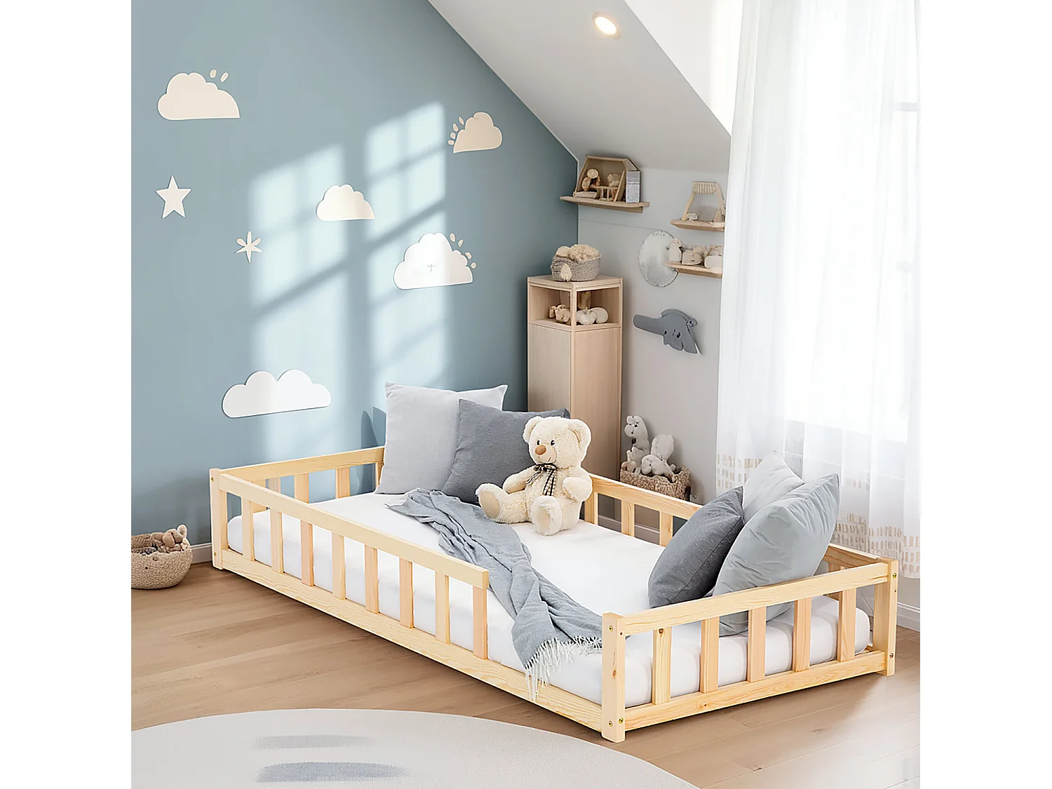 Łóżko podłogowe dla malucha 90x200 cm Naturalne łóżko Montessori z barierkami 4644249 - obrazek 1