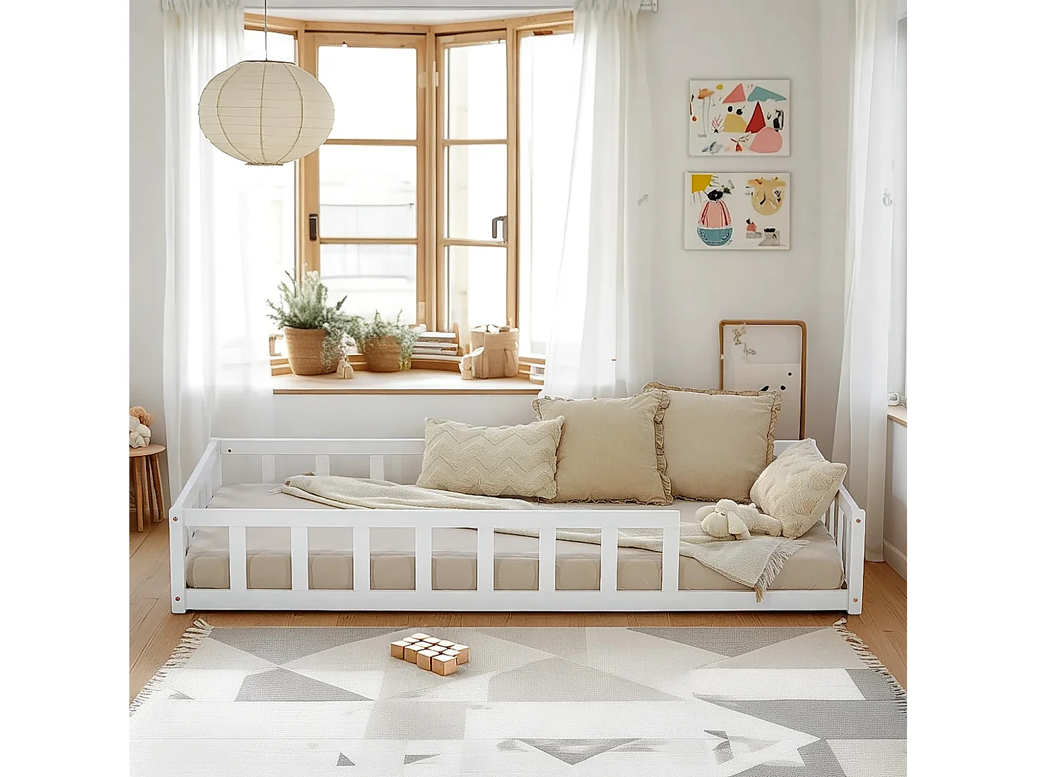 Łóżko podłogowe dla malucha 90x200 cm białe Montessori z barierkami 4644329 - obrazek 1