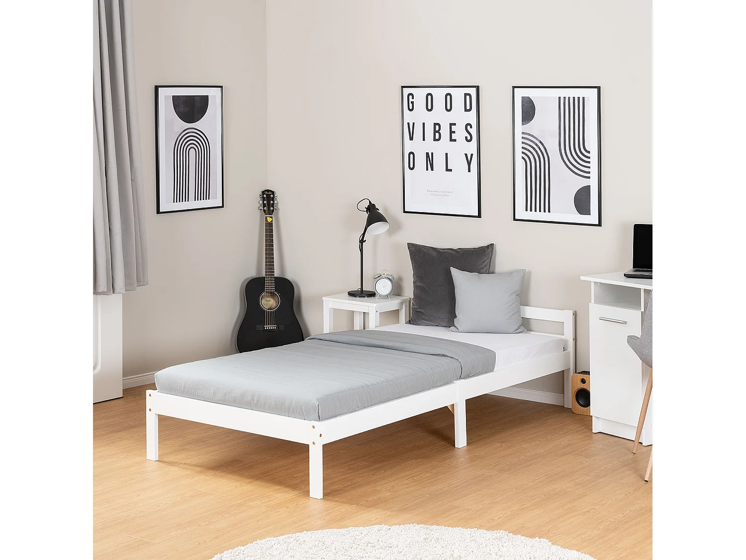 Łóżko pojedyncze 90x200 cm, biała rama z litego drewna sosnowego 4644332 - obrazek 1