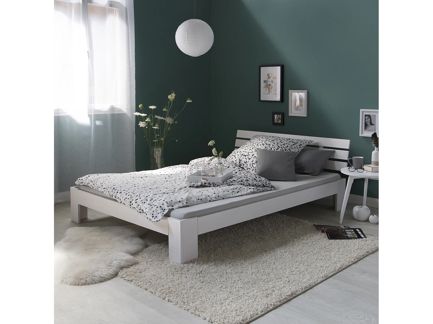 Łóżko podwójne 160x200 cm, białe, rama łóżka z litego drewna sosnowego 4644398 - obrazek 1