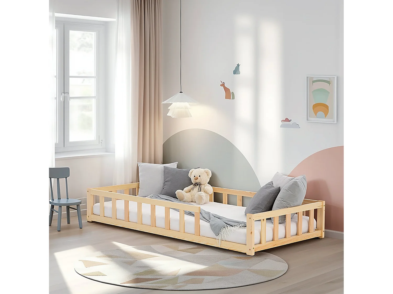 Łóżko podłogowe dla malucha 90x200 cm Naturalne łóżko Montessori z barierkami 4644428 - obrazek 1