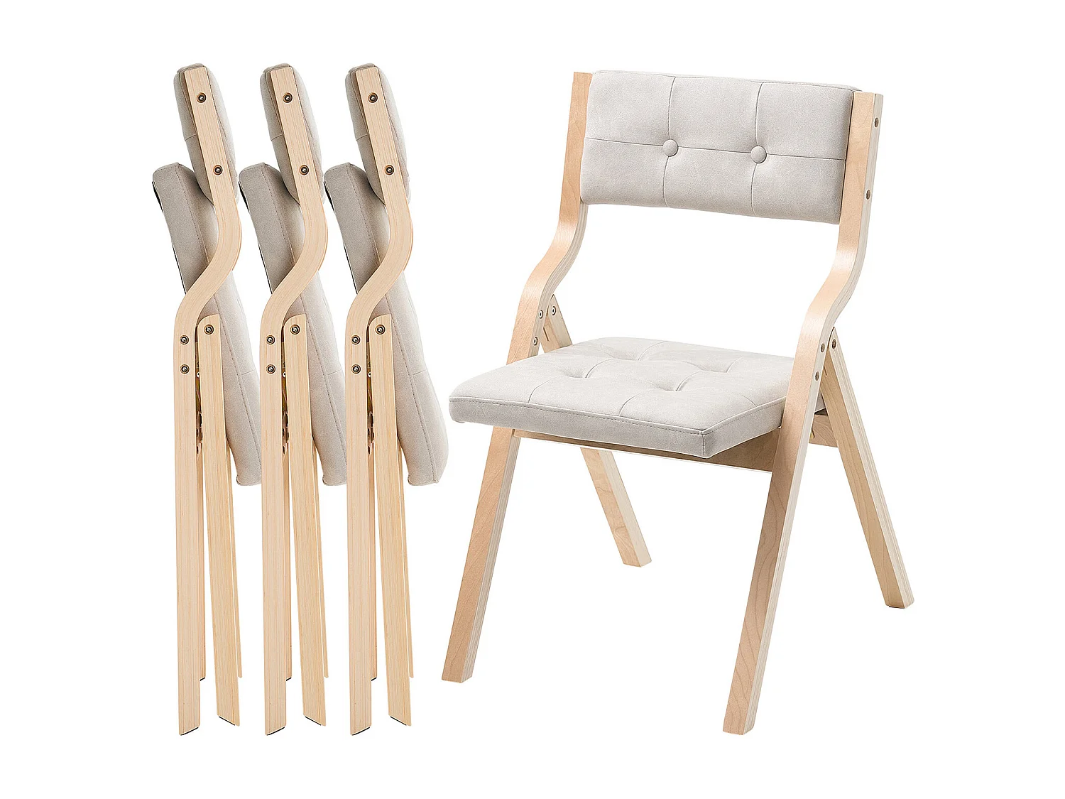 Krzesło Składane SucceBuy z Drewna z Poduszką, Zestaw 4 szt., Nowoczesne Przenośne Upholstrowane Krzesło do Jadalni ze Składaną Poduszką Siedziska, Beżowy 4654754 - obrazek 1