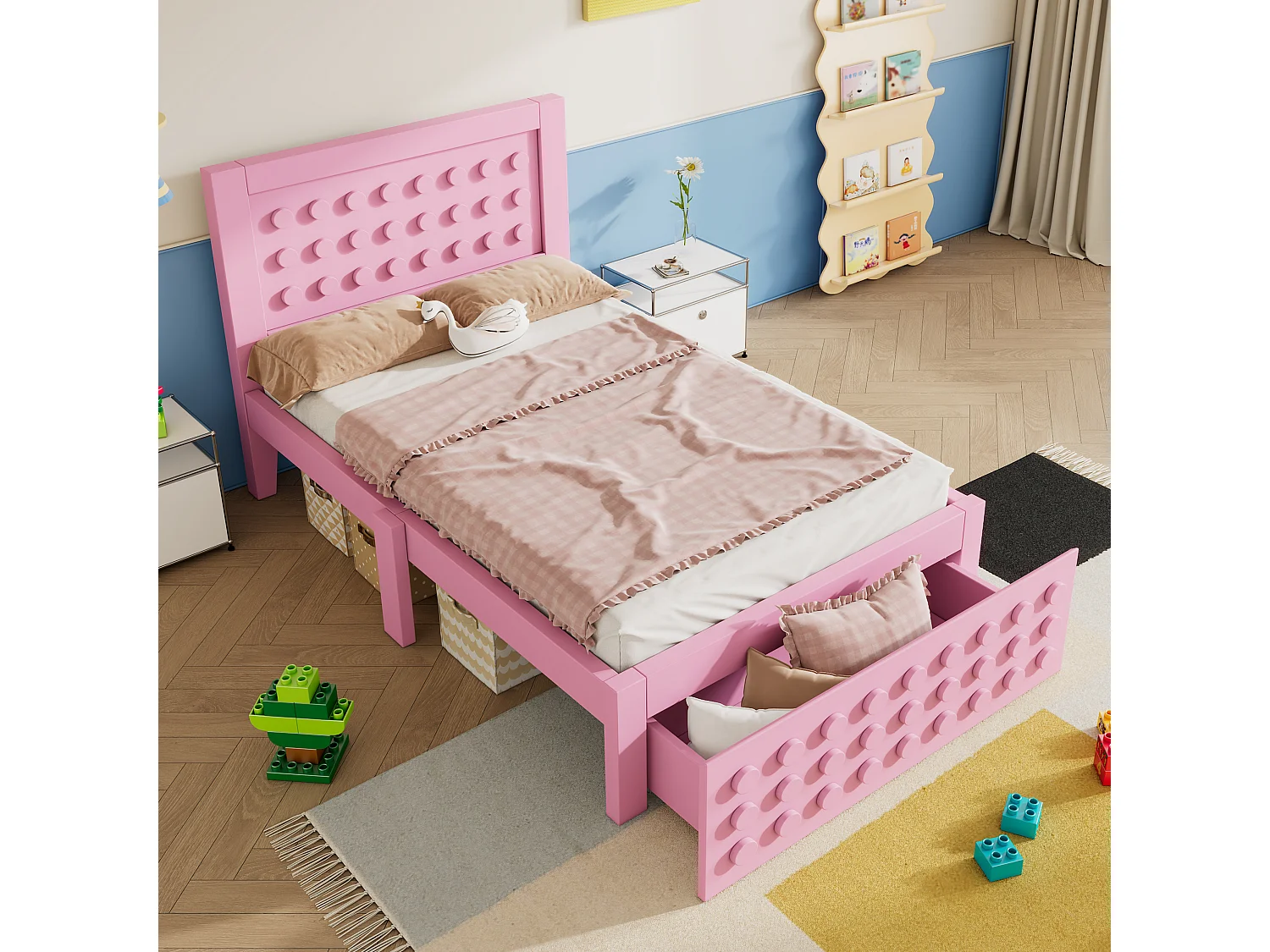 Łóżko pojedyncze 90x200 cm z 1 szufladą i stelażem, różowy, kreatywny wzór - bez materaca 4699328 - obrazek 1