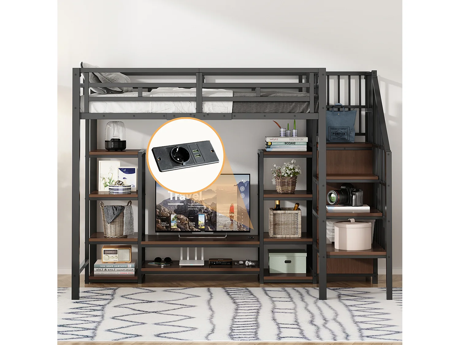 Łóżko piętrowe dla dzieci - 90 x 200 cm - z szafką RTV + gniazdkiem + drabinką bezpieczeństwa + półką - metalowe - czarne 4712067 - obrazek 1