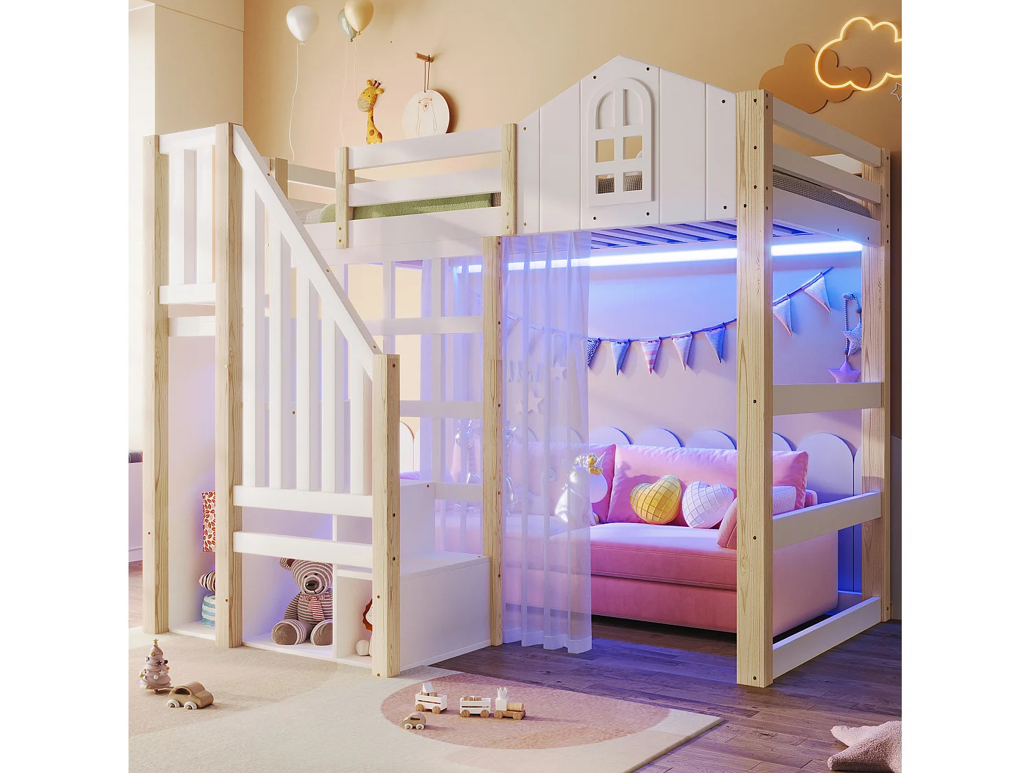 Łóżko piętrowe dla dzieci – 90 x 200 cm – z oświetleniem LED + drabinka ze schowkiem – kształt okna – drewno – białe + naturalne 4712079