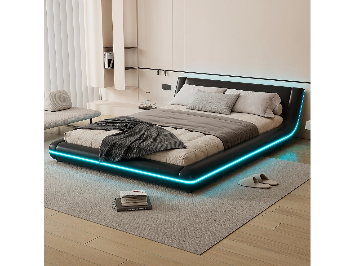 Łóżko płaskie 140 x 200 cm z zagłówkiem - tapicerowane skórą PU - diody LED - elegancki styl - czarne 4712083 - obrazek 1