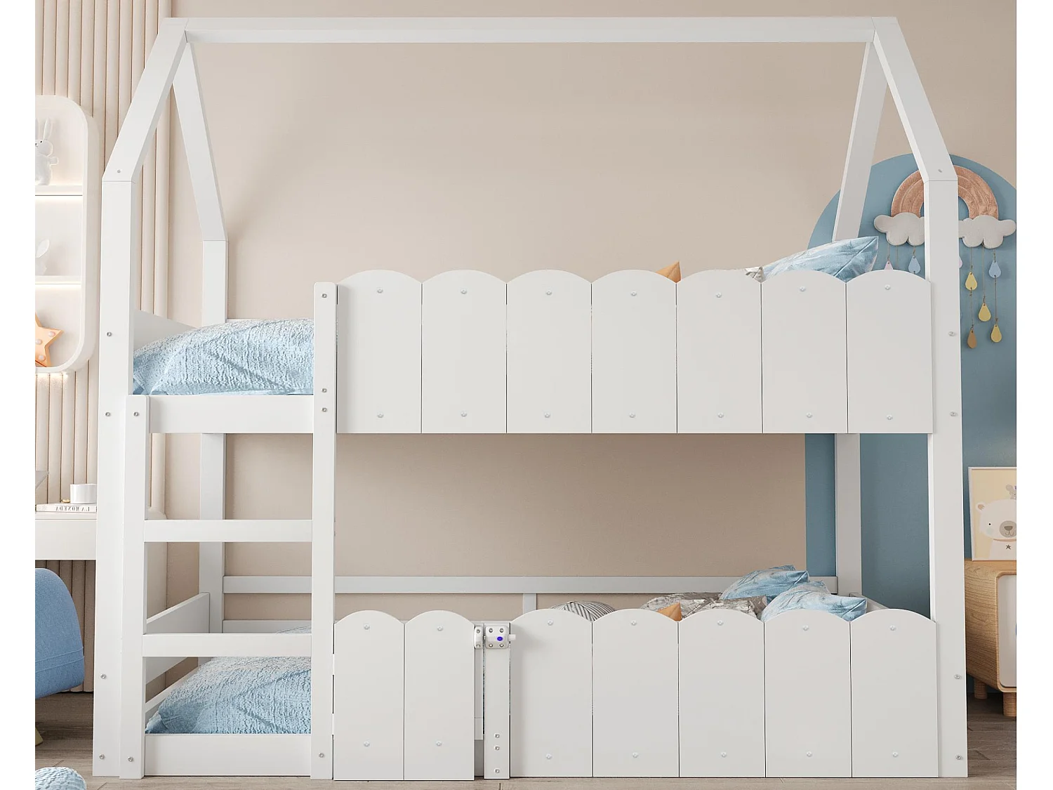 Łóżko piętrowe dziecięce 90x200 cm - Design w kształcie domku - Z barierkami zabezpieczającymi - Biały (materac nie jest dołączony) 4727553 - obrazek 1