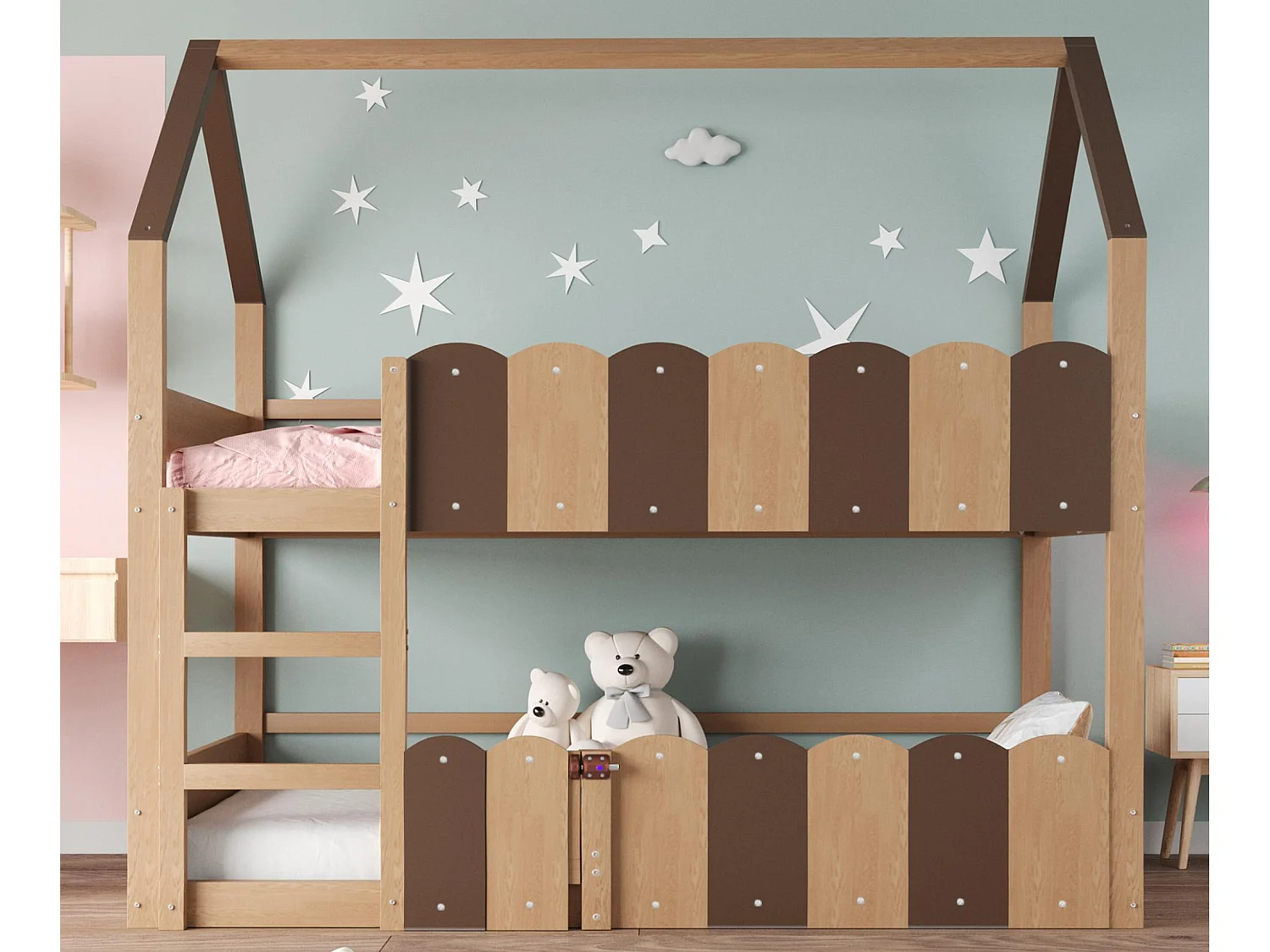 Łóżko piętrowe dziecięce 90x200 cm - Design w kształcie domku - Z barierkami zabezpieczającymi - ​​Kolor naturalny​​ (materac nie jest dołączony) 4727554 - obrazek 1