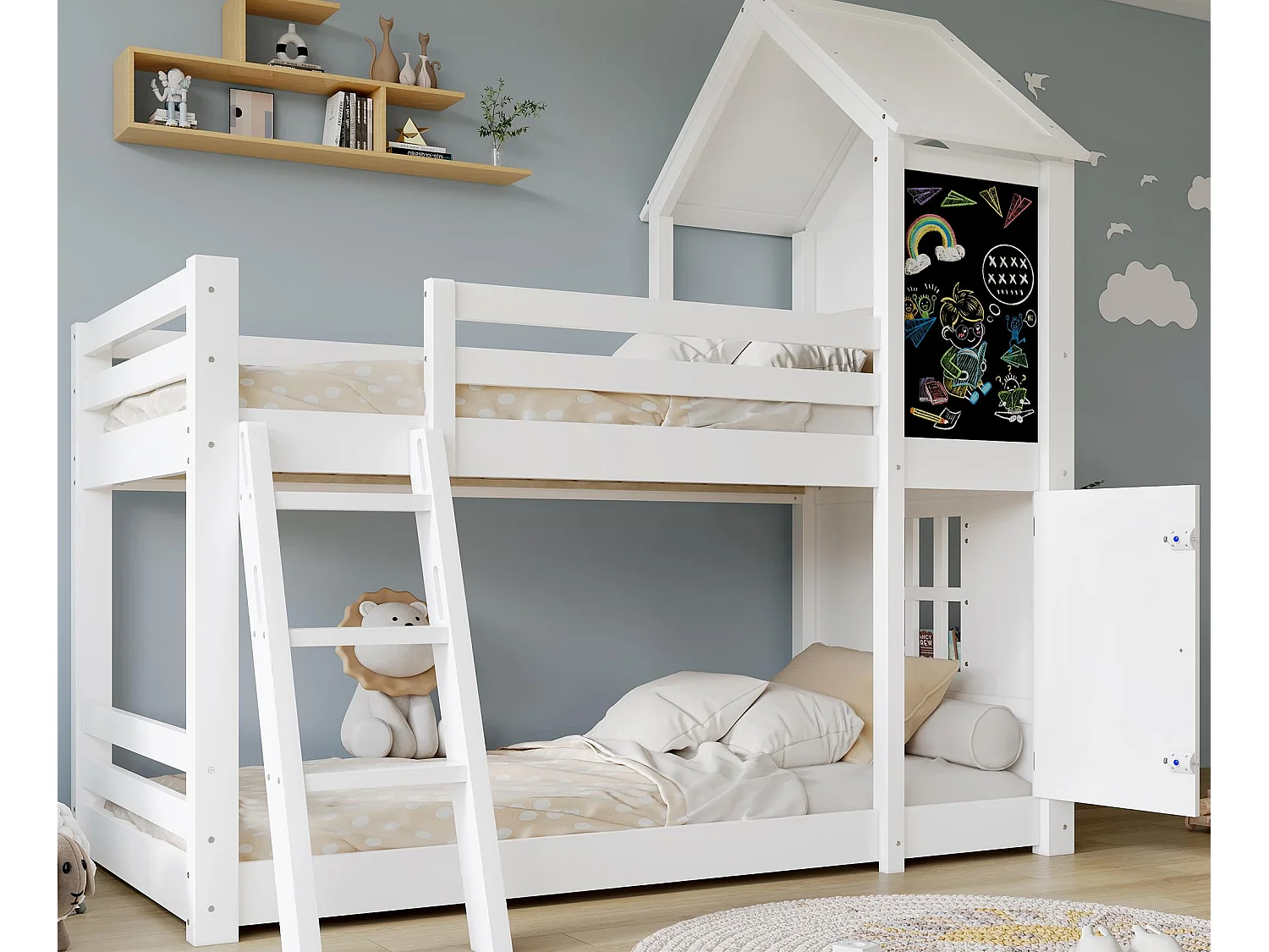 Łóżko piętrowe dziecięce 90x200cm - Z 1 drzwiczkami i tablicą kredową - Z drabinką - Drewno lite + MDF + PB + Sklejka - Biały (bez materaca) 4727558 - obrazek 1