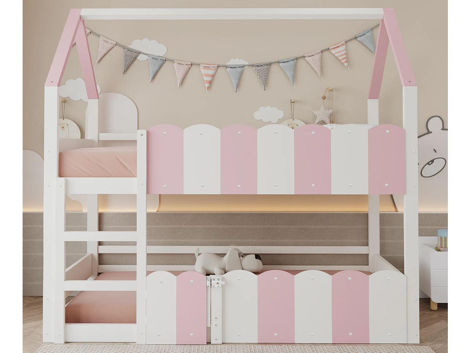 Łóżko piętrowe dziecięce 90x200 cm - Design w kształcie domku - Z barierkami zabezpieczającymi - ​​Różowy​​ (materac nie jest dołączony) 4727559 - obrazek 1