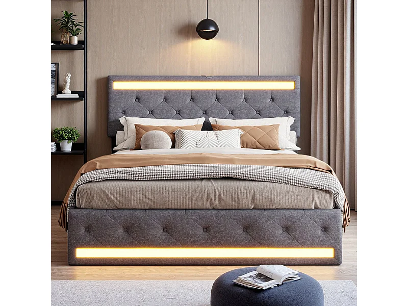 Łóżko Podwójne 140x200 Ciemnoszare z Przechowywaniem, Oświetleniem LED RGB, Miękką Tkaniną Lnianą i Wbudowanymi Portami USB 4747108 - obrazek 1