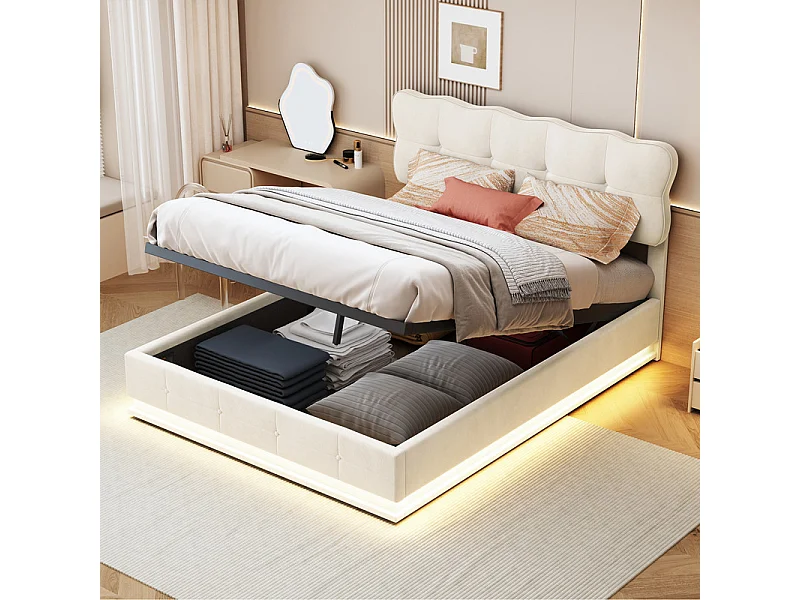 Łóżko podwójne 140x200 cm z hydraulicznym pojemnikiem, biały aksamit z LED RGB, pilot i wbudowane miejsce do przechowywania 4749901 - obrazek 1
