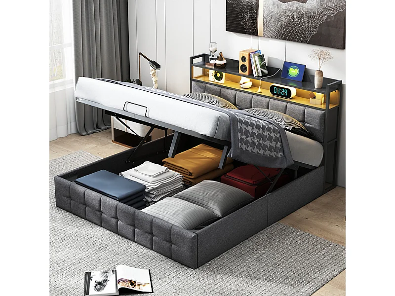 Łóżko podwójne 160x200 cm szare z tkaniny lnianej z LED RGB, hydraulicznym schowkiem i wbudowanymi portami USB/Type-C 4749899 - obrazek 1