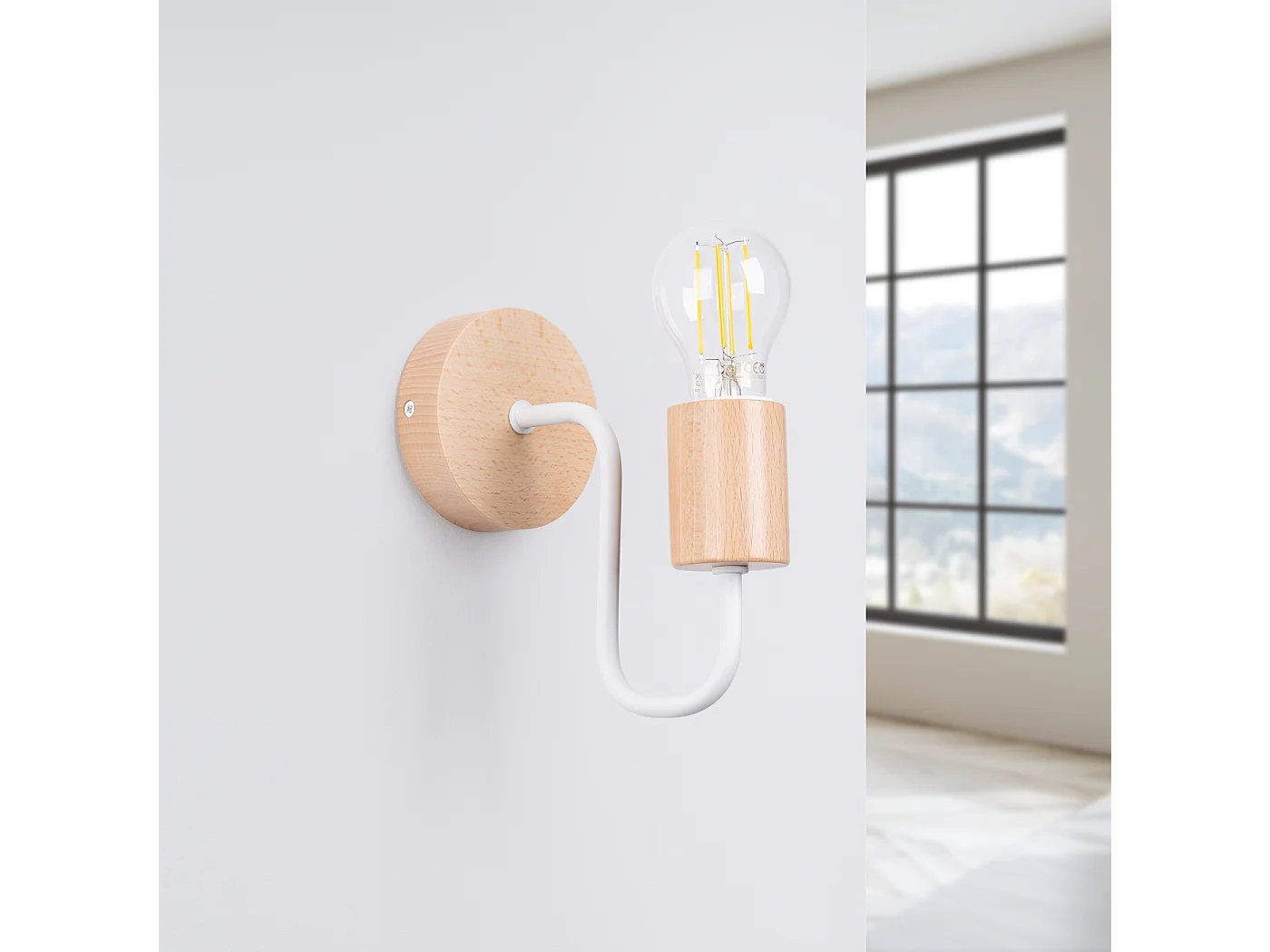 Lampa ścienna loft Zimbo, stal/drewno - 1 źródło światła 4000K - L.8 x H.18.5 cm - biały/naturalne drewno 4751332 - obrazek 1