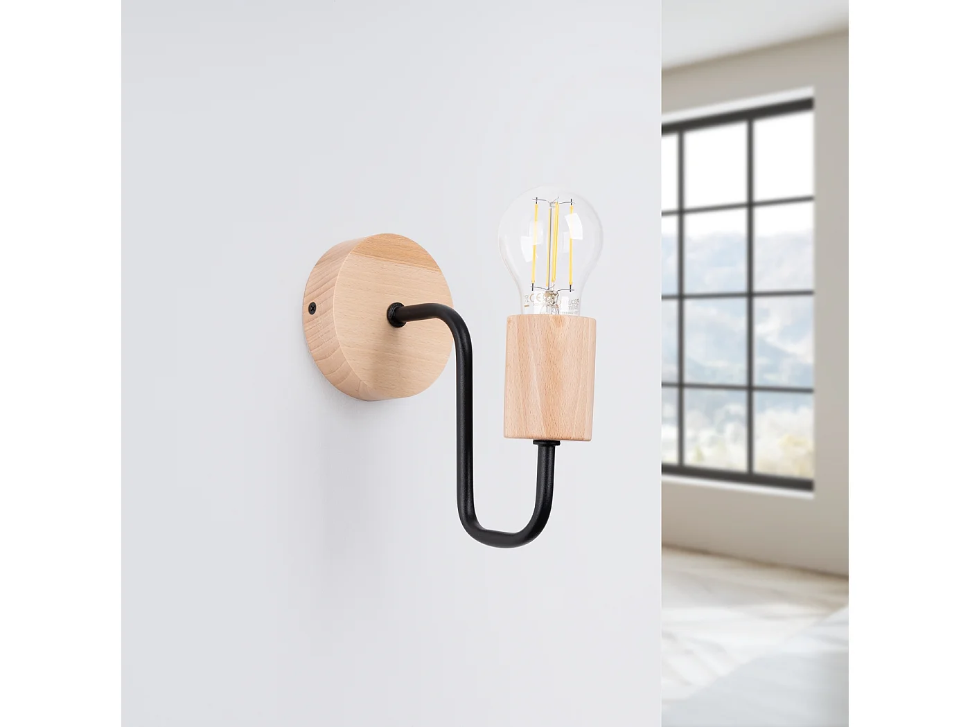 Lampa ścienna loft Zimbo, stal/drewno - 1 źródło światła 4000K - L.8 x H.18.5 cm - czarny/naturalne drewno 4751336 - obrazek 1