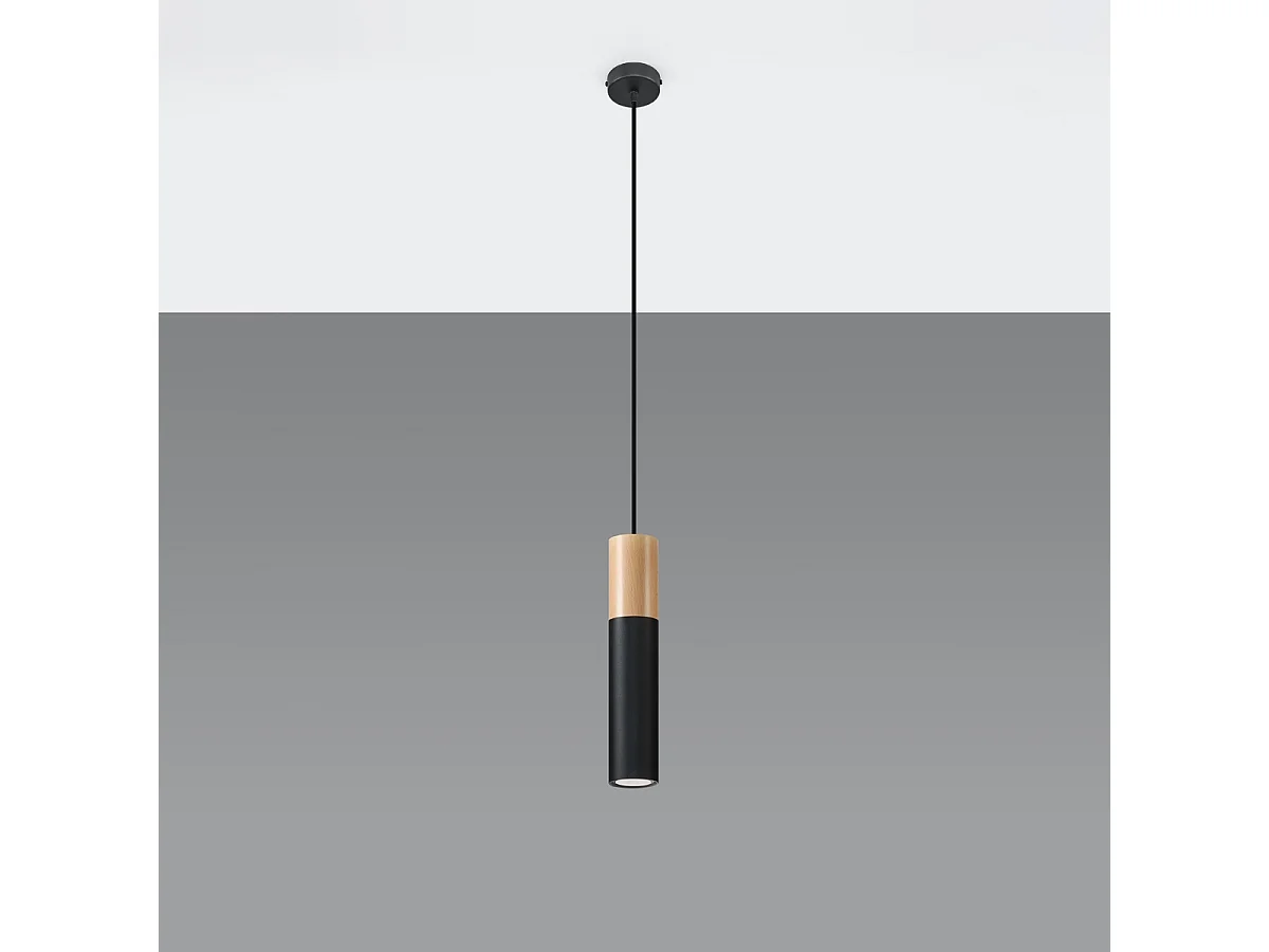 Lampy wiszące nowoczesny Poblano, stal/drewno - 1 źródło światła 4000K - L.8 x H.105 cm - naturalne drewno/czarny 4751471 - obrazek 1