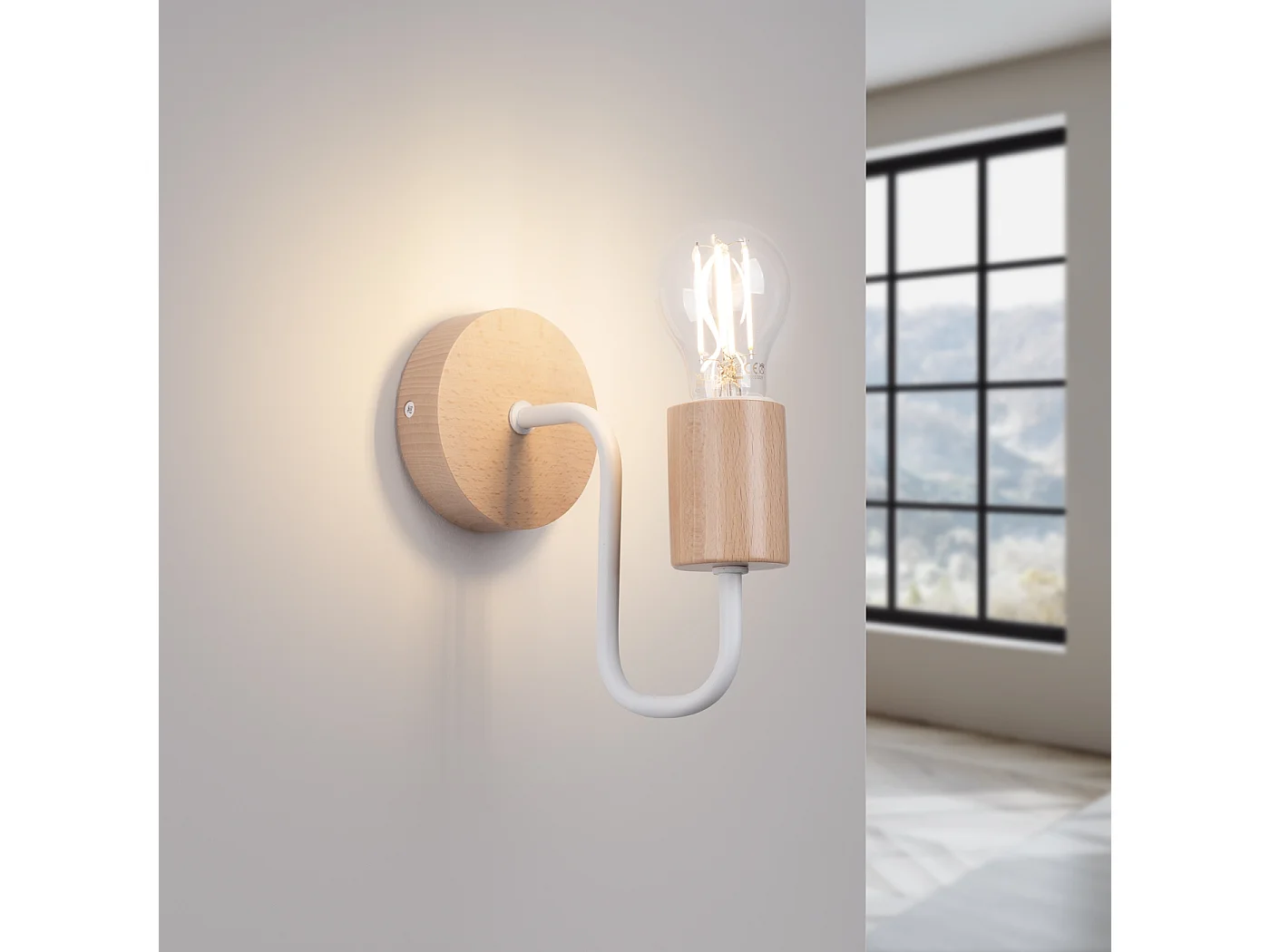 Lampa ścienna loft Zimbo, stal/drewno - 1 źródło światła 3000K - L.8 x H.18.5 cm - biały/naturalne drewno 4752137 - obrazek 1