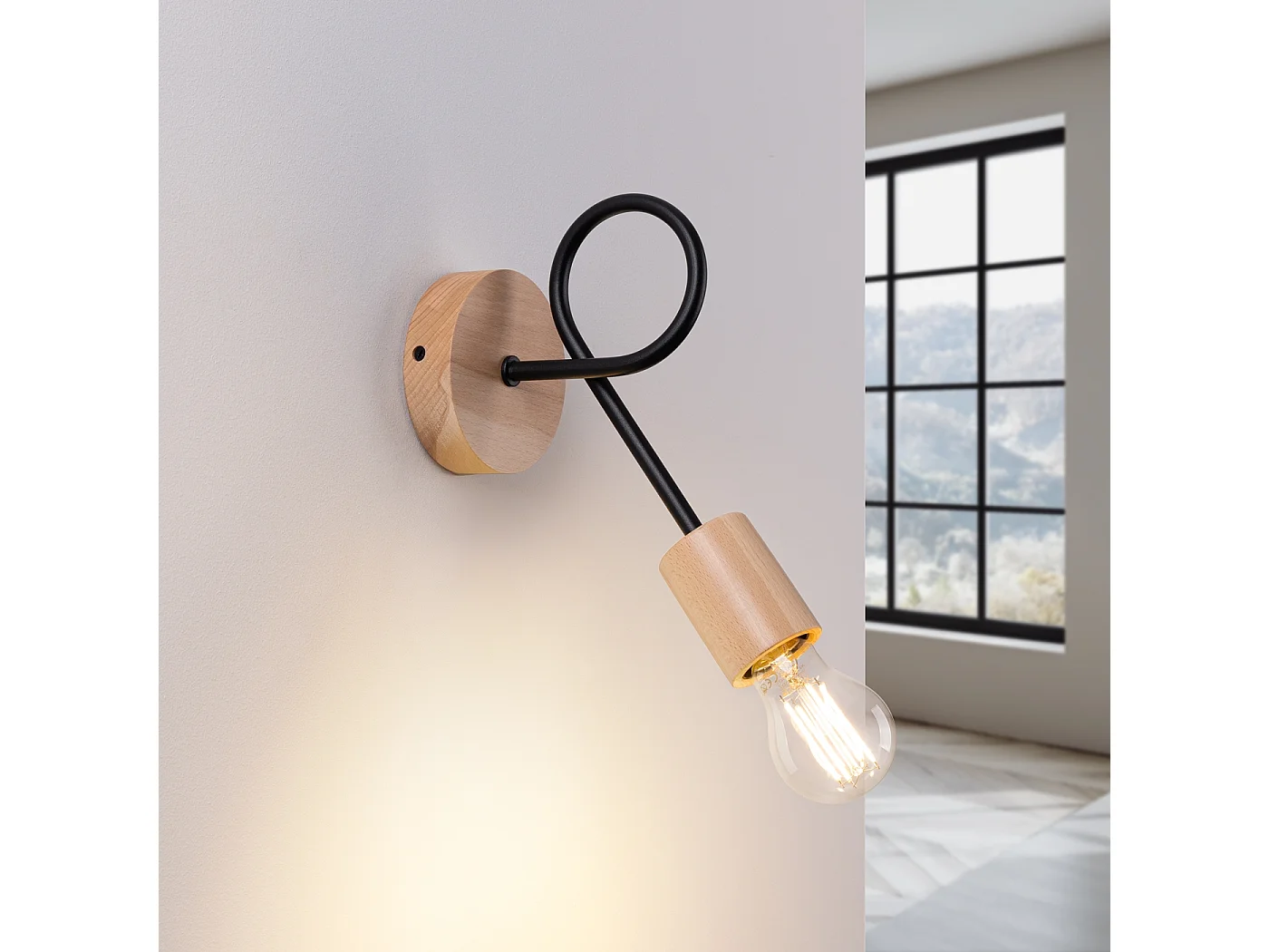Lampa ścienna minimalistyczny Sparkon, stal/drewno - 1 źródło światła 3000K - L.10 x H.24 cm - czarny/naturalne drewno 4752143 - obrazek 1