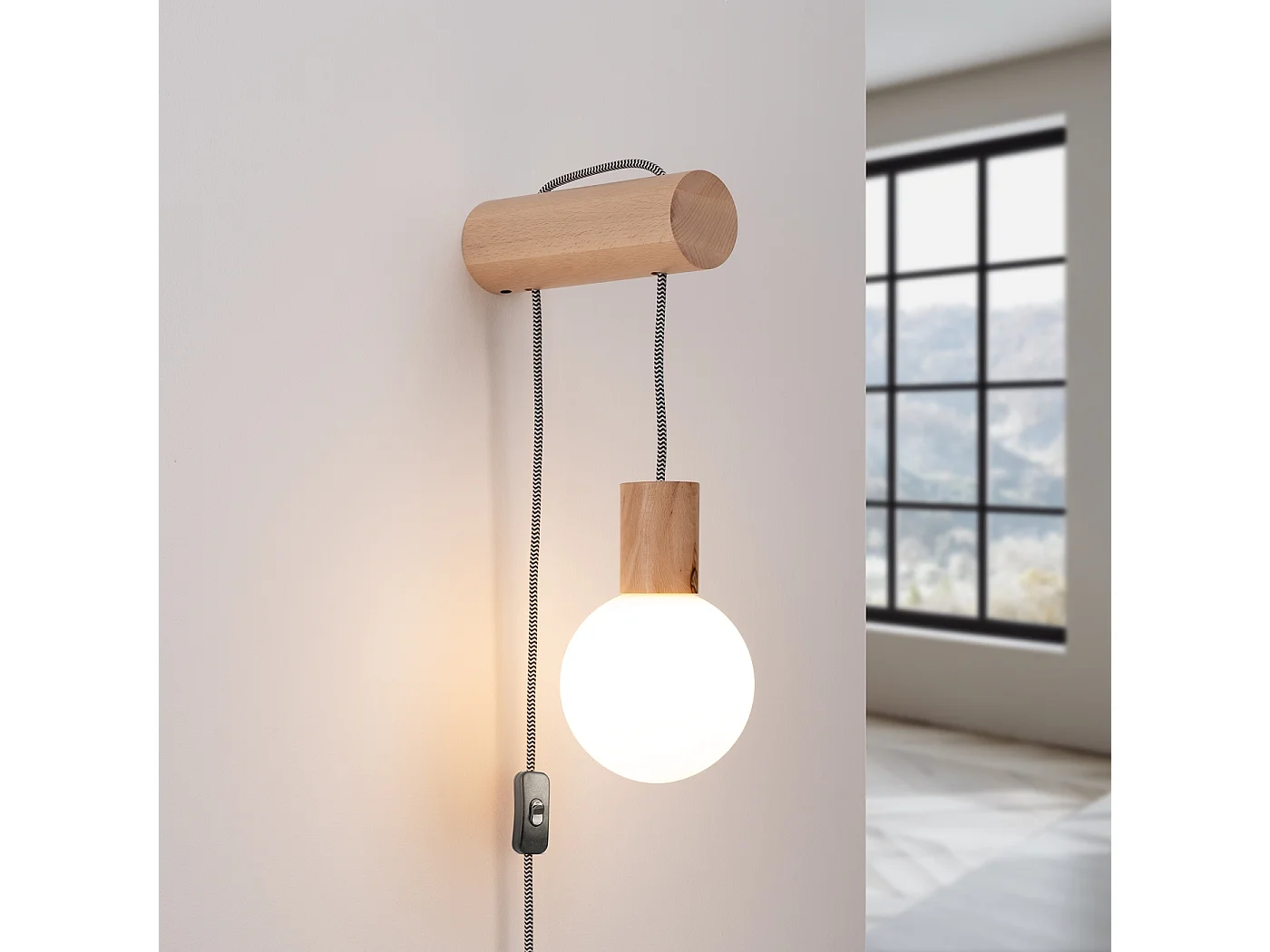 Lampa ścienna loft Zynto, drewno/szkło - 1 źródło światła 3000K - L.6 x H.67 cm - naturalne drewno/biały/czarny 4752156 - obrazek 1