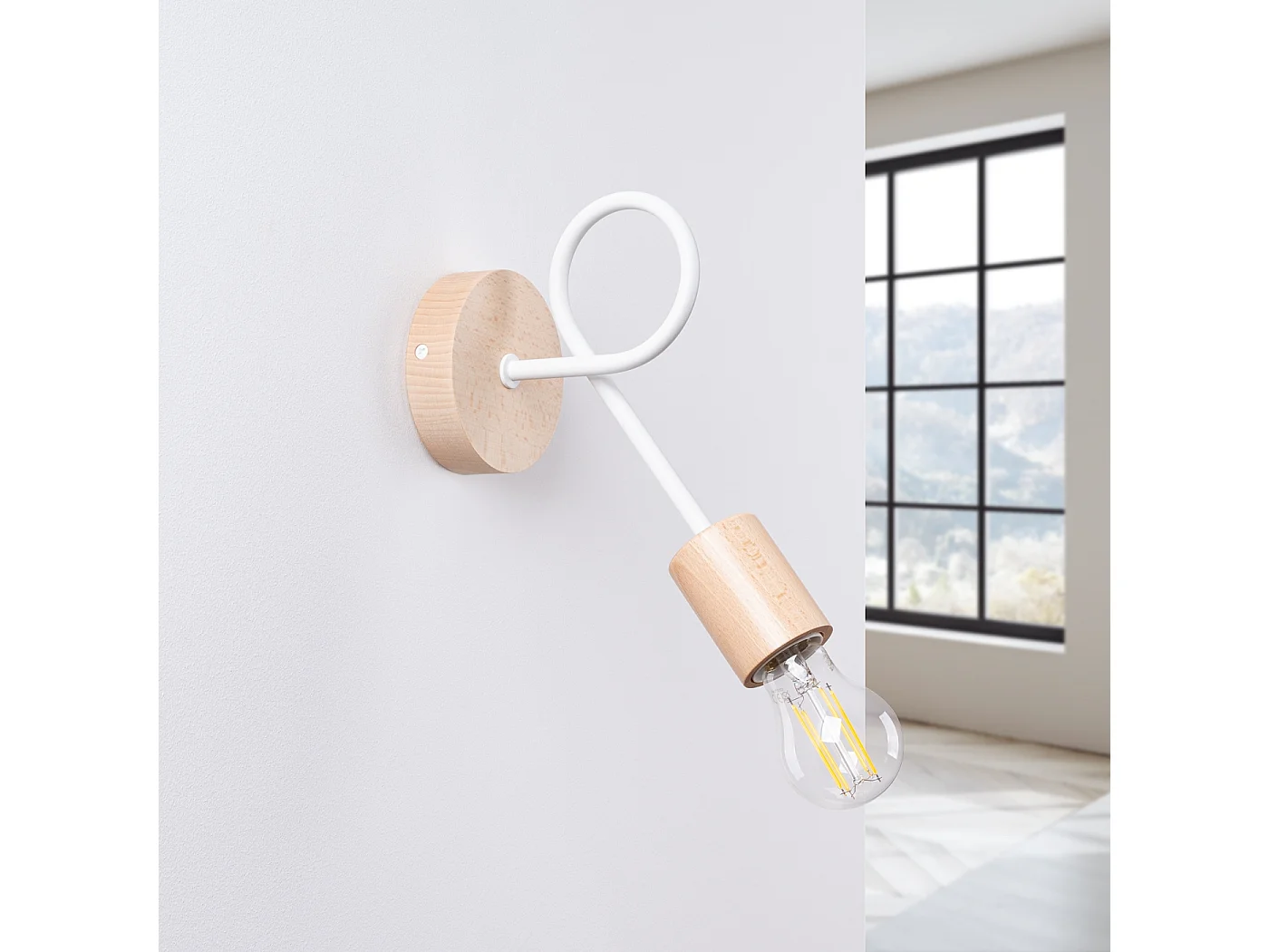 Lampa ścienna minimalistyczny Sparkon, stal/drewno - 1 źródło światła 4000K - L.10 x H.24 cm - biały/naturalne drewno 4752189 - obrazek 1