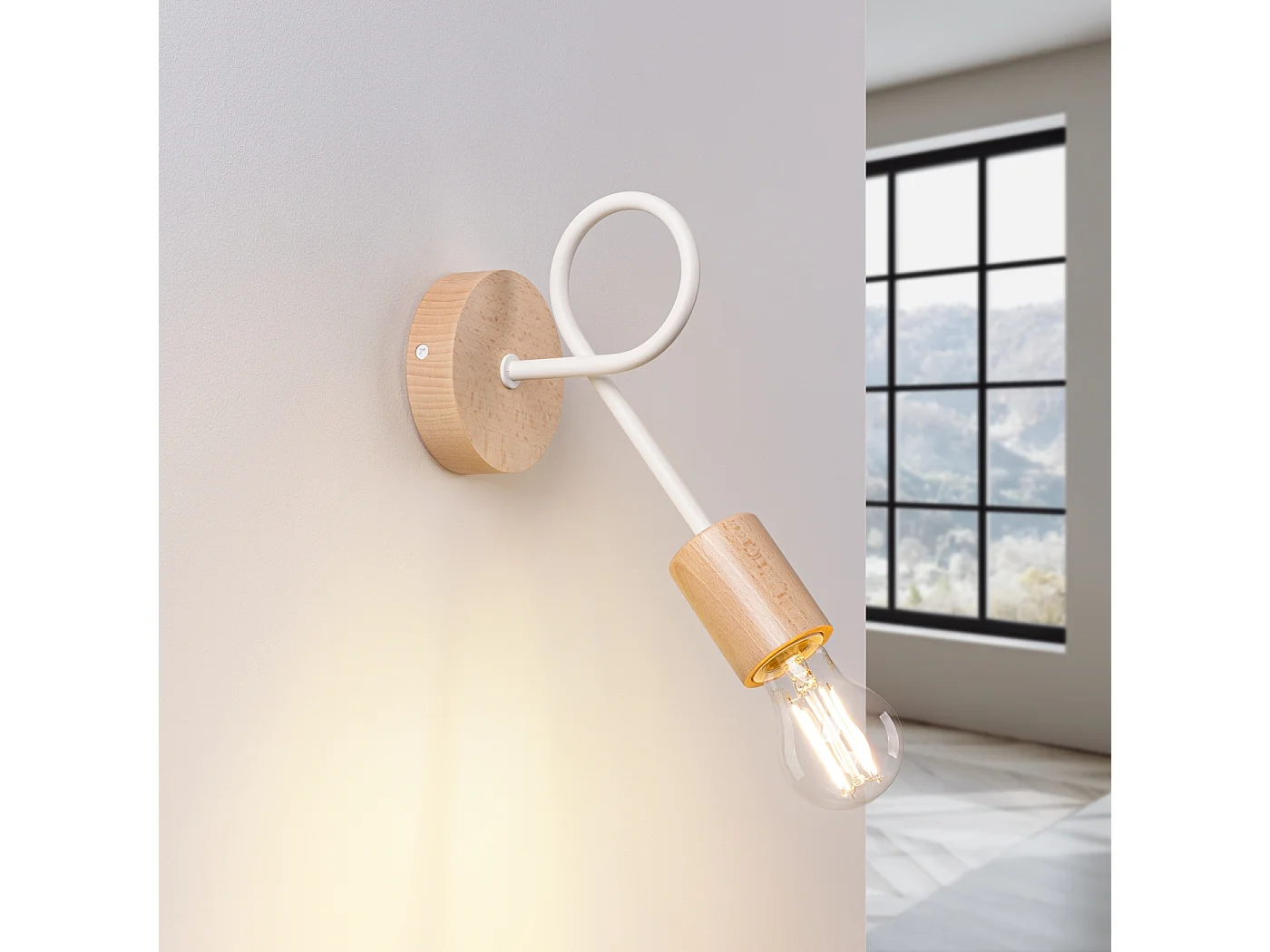 Lampa ścienna minimalistyczny Sparkon, stal/drewno - 1 źródło światła 3000K - L.10 x H.24 cm - biały/naturalne drewno 4752287 - obrazek 1