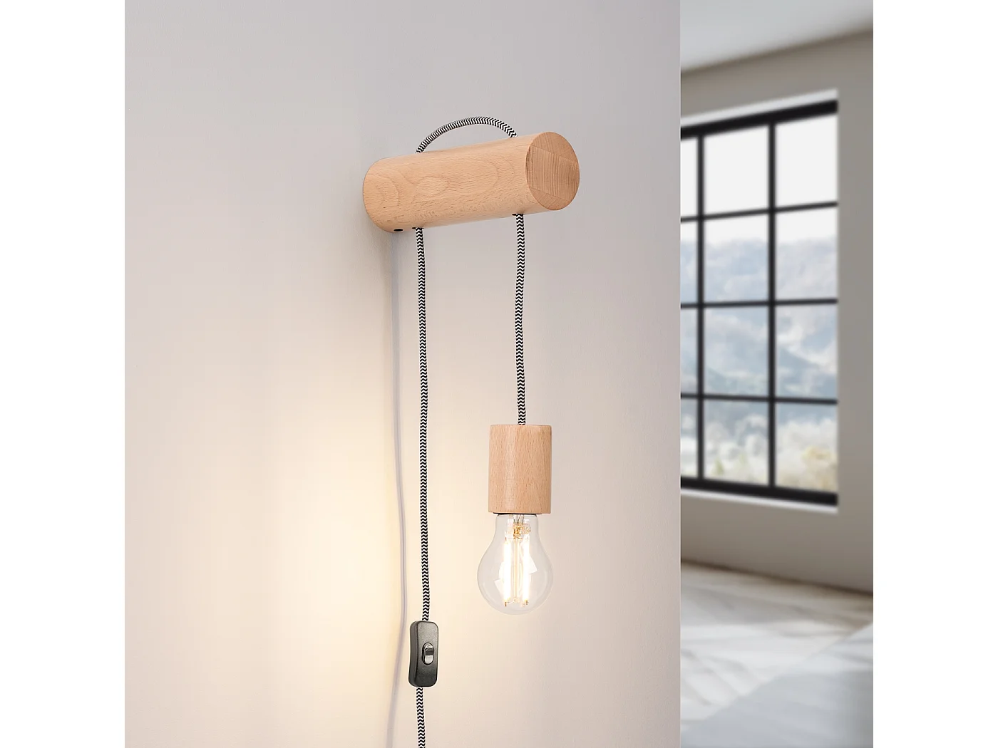 Lampa ścienna loft Zynto, drewno - 1 źródło światła 3000K - L.6 x H.55 cm - naturalne drewno/biały/czarny 4752286 - obrazek 1