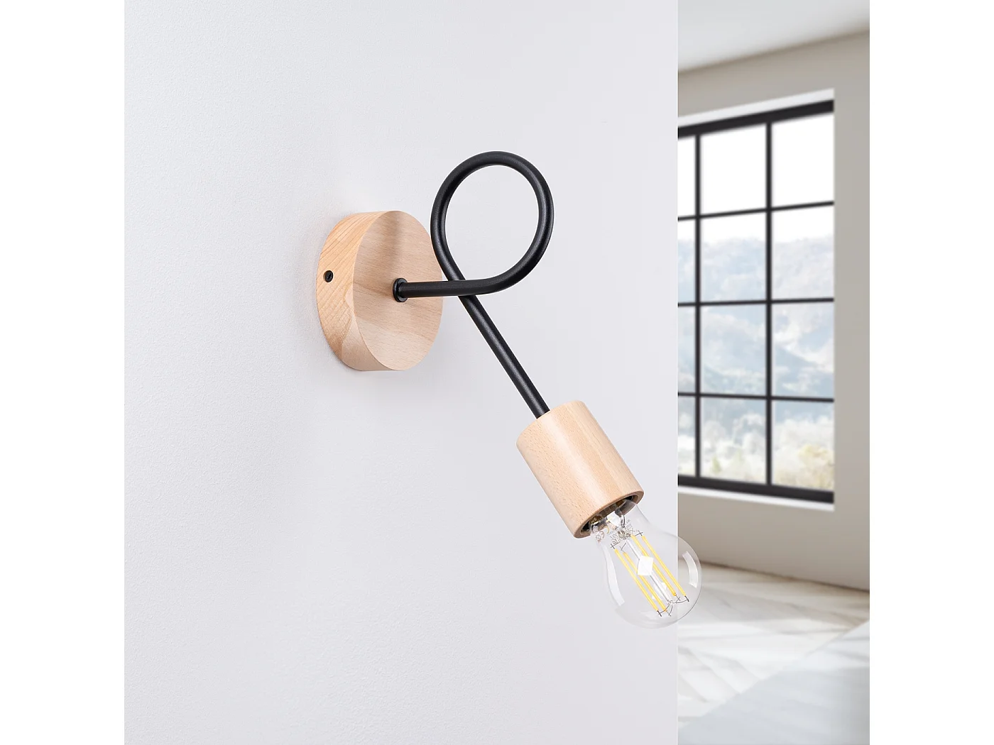 Lampa ścienna minimalistyczny Sparkon, stal/drewno - 1 źródło światła 4000K - L.10 x H.24 cm - czarny/naturalne drewno 4752298 - obrazek 1