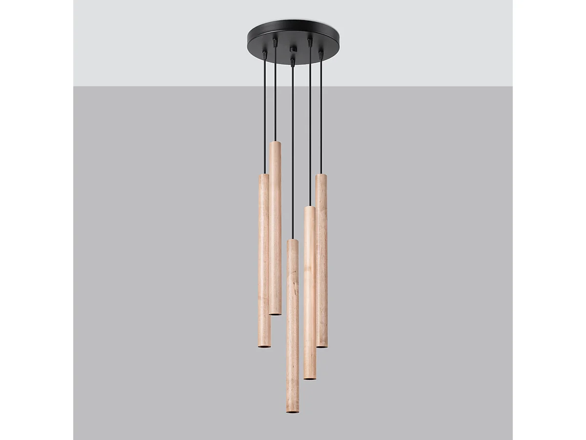 Lampy wiszące nowoczesny Brill, stal/drewno - 5 źródło światła 4000K - L.25 x H.110 cm - drewno 4752582 - obrazek 1