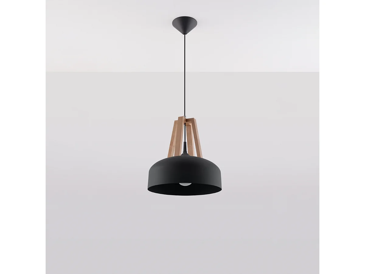 Lampy wiszące nowoczesny Solivo, stal/drewno - 1 źródło światła 4000K - L.30 x H.85 cm - czarny/naturalne drewno 4752606 - obrazek 1