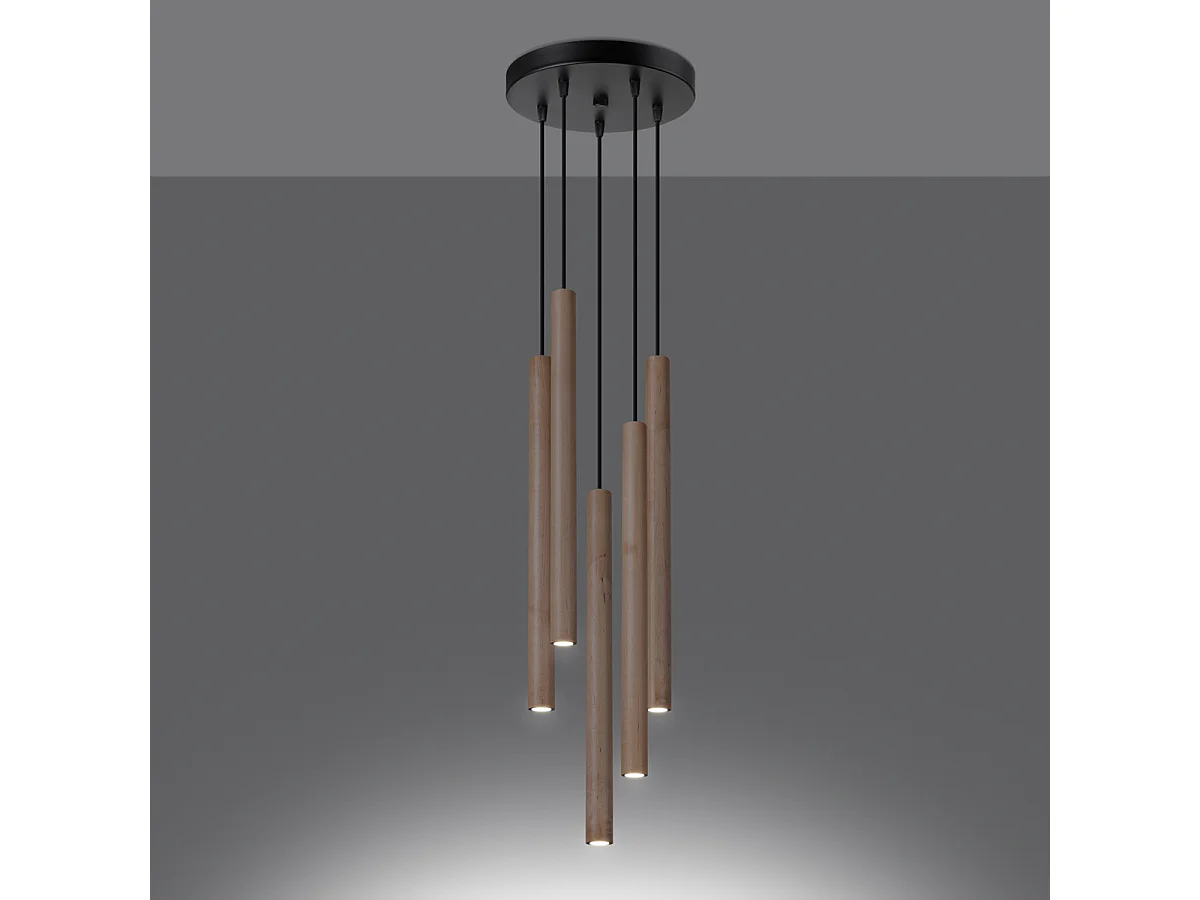 Lampy wiszące nowoczesny Brill, stal/drewno - 5 źródło światła 3000K - L.25 x H.110 cm - drewno 4752718 - obrazek 1