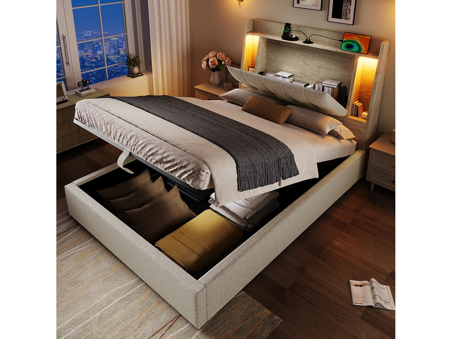 Łóżko tapicerowane z pojemnikiem - 90 x 200 cm - z USB + diodami LED + zagłówek ze schowkiem - len - beż 4755806 - obrazek 1