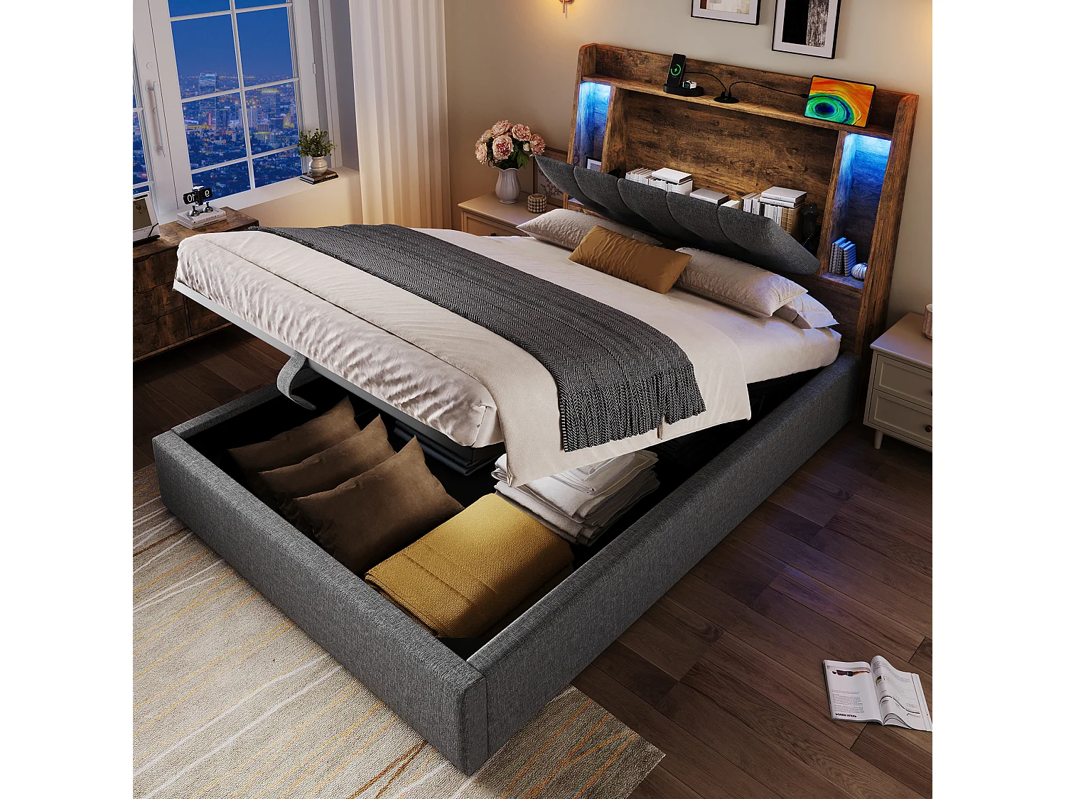 Łóżko tapicerowane z pojemnikiem - 90 x 200 cm - z USB + diodami LED + zagłówek ze schowkiem - len - szary 4755807 - obrazek 1