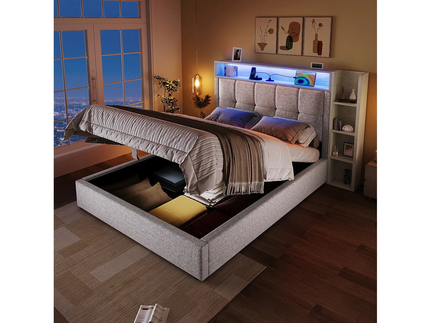 Łóżko tapicerowane z pojemnikiem - 90 x 200 cm - z portem USB, oświetleniem LED, zagłówkiem i półką - len - beż 4755866 - obrazek 1
