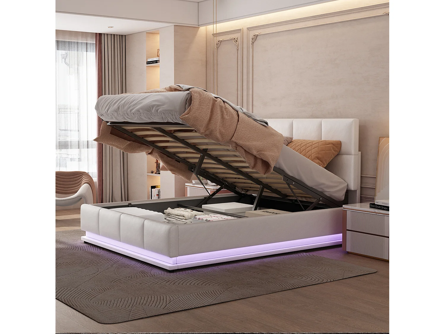 Łóżko tapicerowane ze schowkiem - 140 x 200 cm - z diodami LED + stelaż - MDF + Metal + Skóra - białe 4762842 - obrazek 1