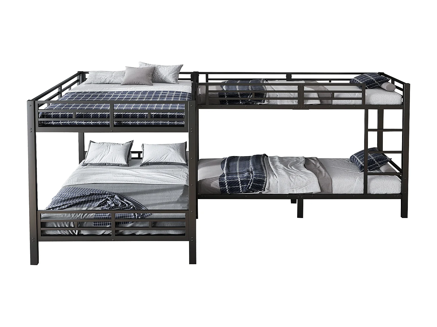 Łóżko piętrowe żelazne 4-osobowe - 90 x 200 + 140 x 200 cm - z drabinką + stelażem - metalowe - czarne 4623977 - obrazek 1