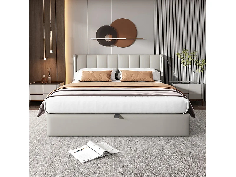 Łóżko tapicerowane 140 x 190 cm - z portem USB do ładowania - z oświetleniem LED - regulowane wezgłowie - PU - szare (materac nie jest w zestawie) 3980043 - obrazek 1