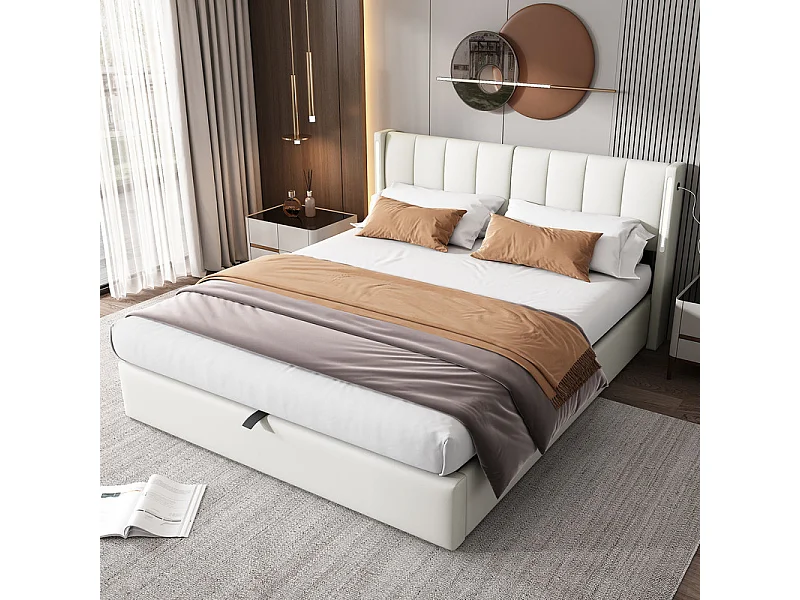 Łóżko tapicerowane 140 x 190 cm - z portem USB do ładowania - z oświetleniem LED - regulowane wezgłowie - PU - białe (materac nie jest w zestawie) 3980044 - obrazek 1