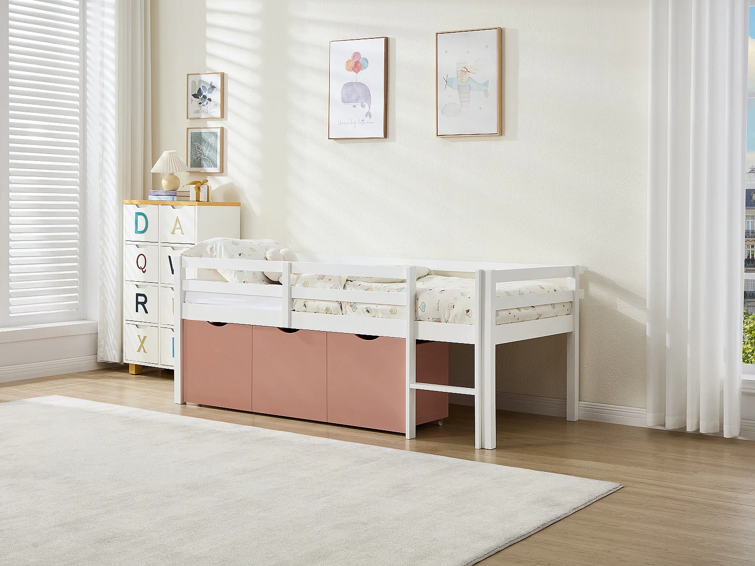 Łóżko podwyższone 90 x 190 cm z miejscem do przechowywania – Sosna i MDF – Białe i różowe – LANIORI 4031922