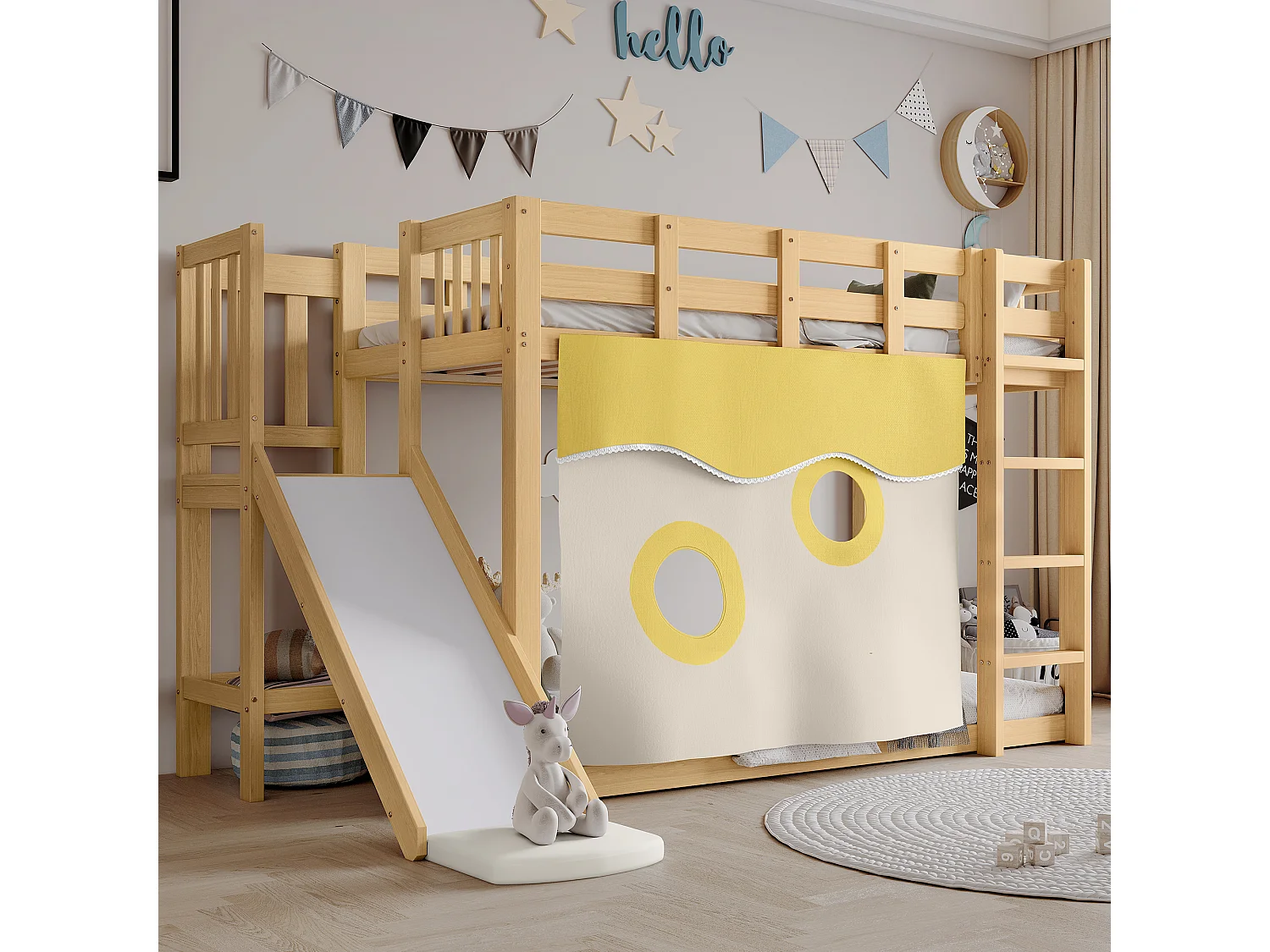 Łóżko piętrowe drewniane - 2 x 90 x 200 cm - ze schodami i barierkami + zasłonka + zjeżdżalnia - MDF + sosna - naturalne 4785327 - obrazek 1