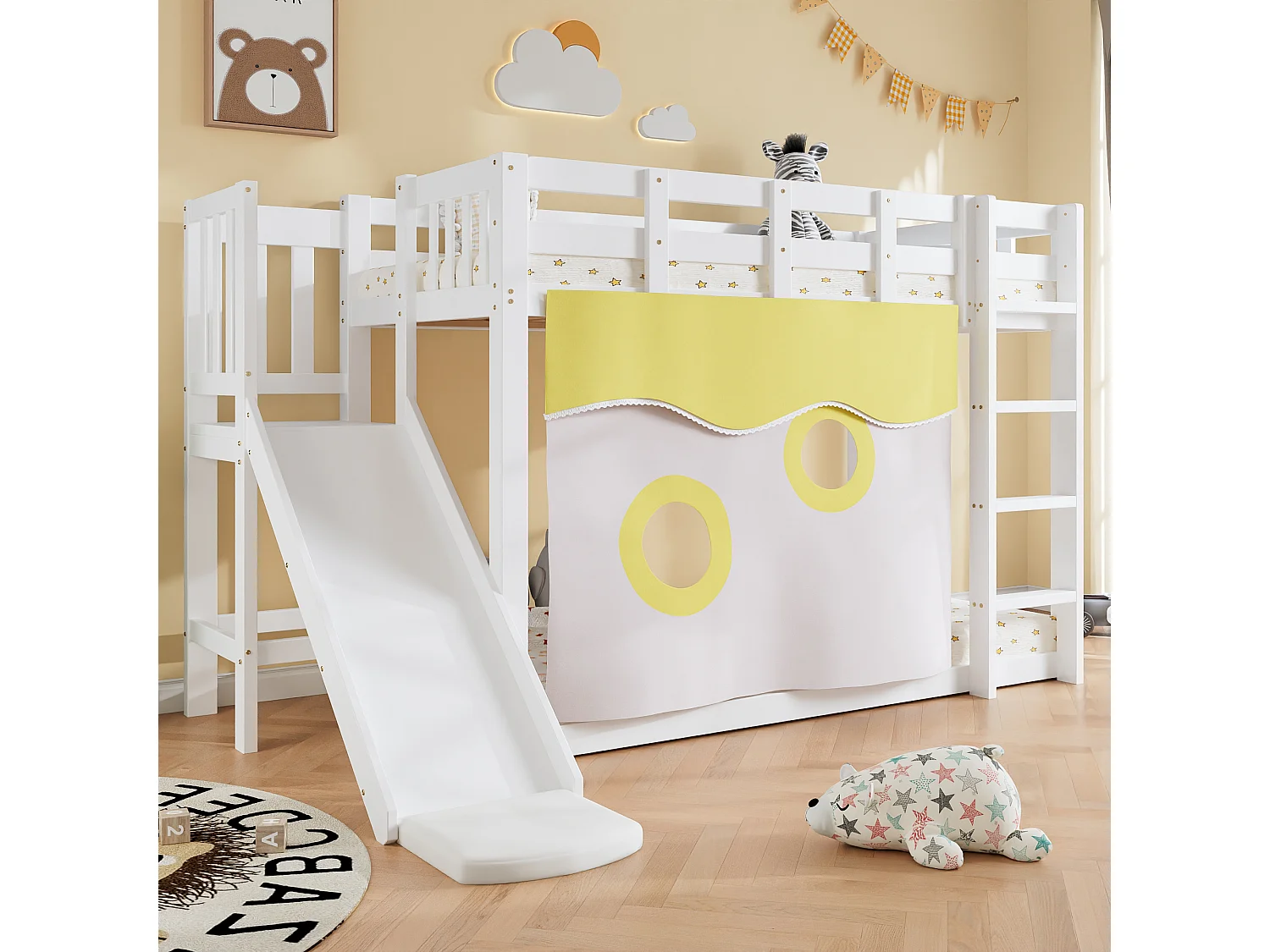 Łóżko piętrowe drewniane - 2 x 90 x 200 cm - ze schodami i barierkami + zasłonka + zjeżdżalnia - MDF + sosna - białe 4785326 - obrazek 1