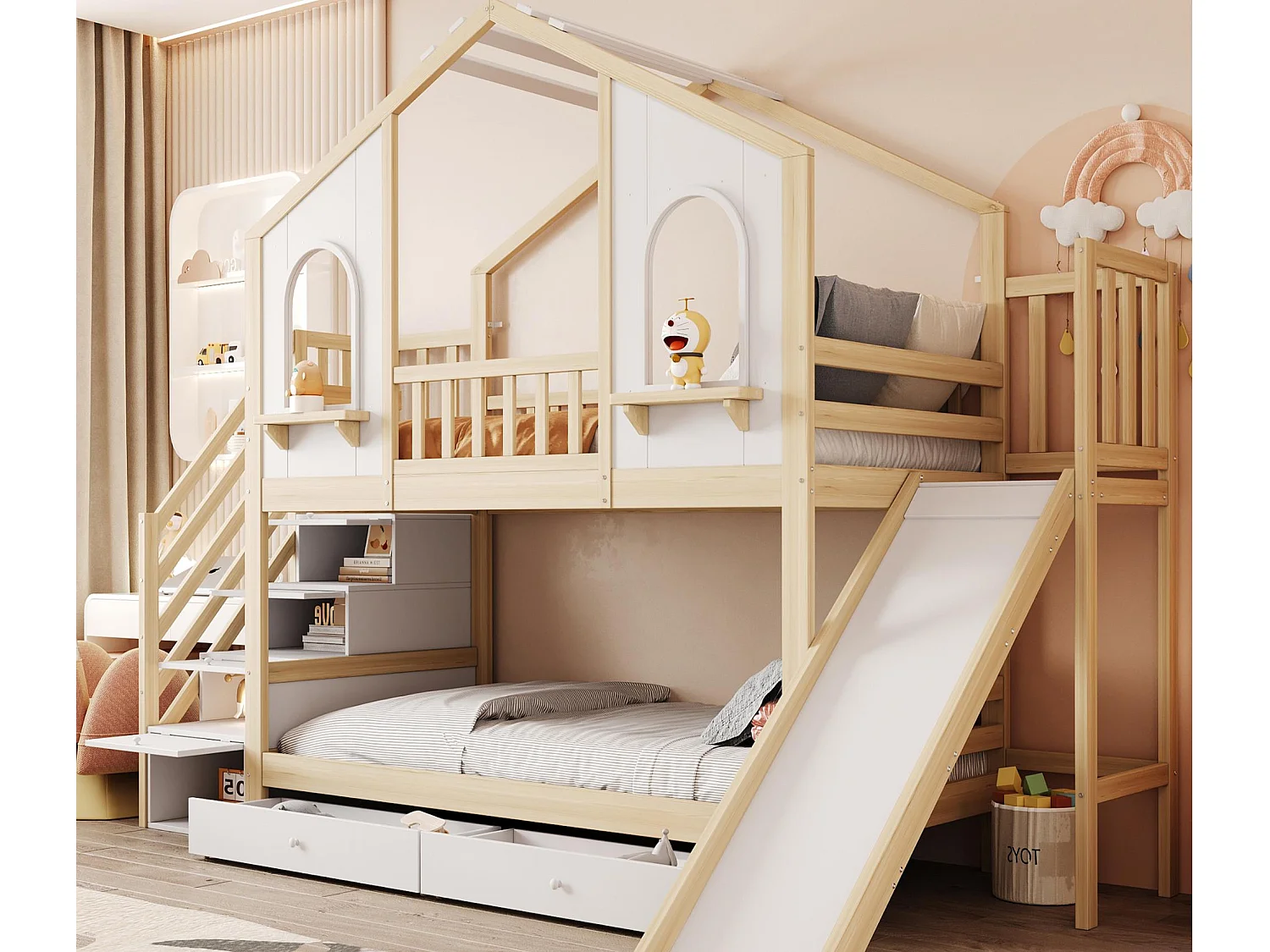 Łóżko piętrowe dziecięce 90x200 cm - Design domku - z drabinką schodkową + zjeżdżalnią - z 2 szufladami - Kolor naturalny​ (materac nie jest wliczony w cenę) 4794701 - obrazek 1