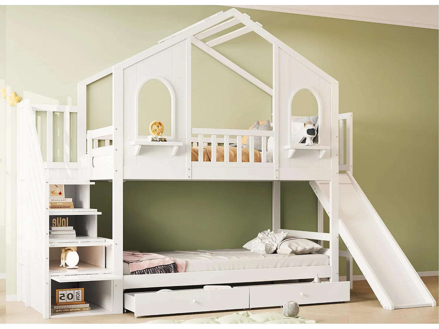Łóżko piętrowe dziecięce 90x200 cm - Design domku - z drabinką schodkową + zjeżdżalnią - z 2 szufladami - biały (materac nie jest wliczony w cenę) 4794728 - obrazek 1
