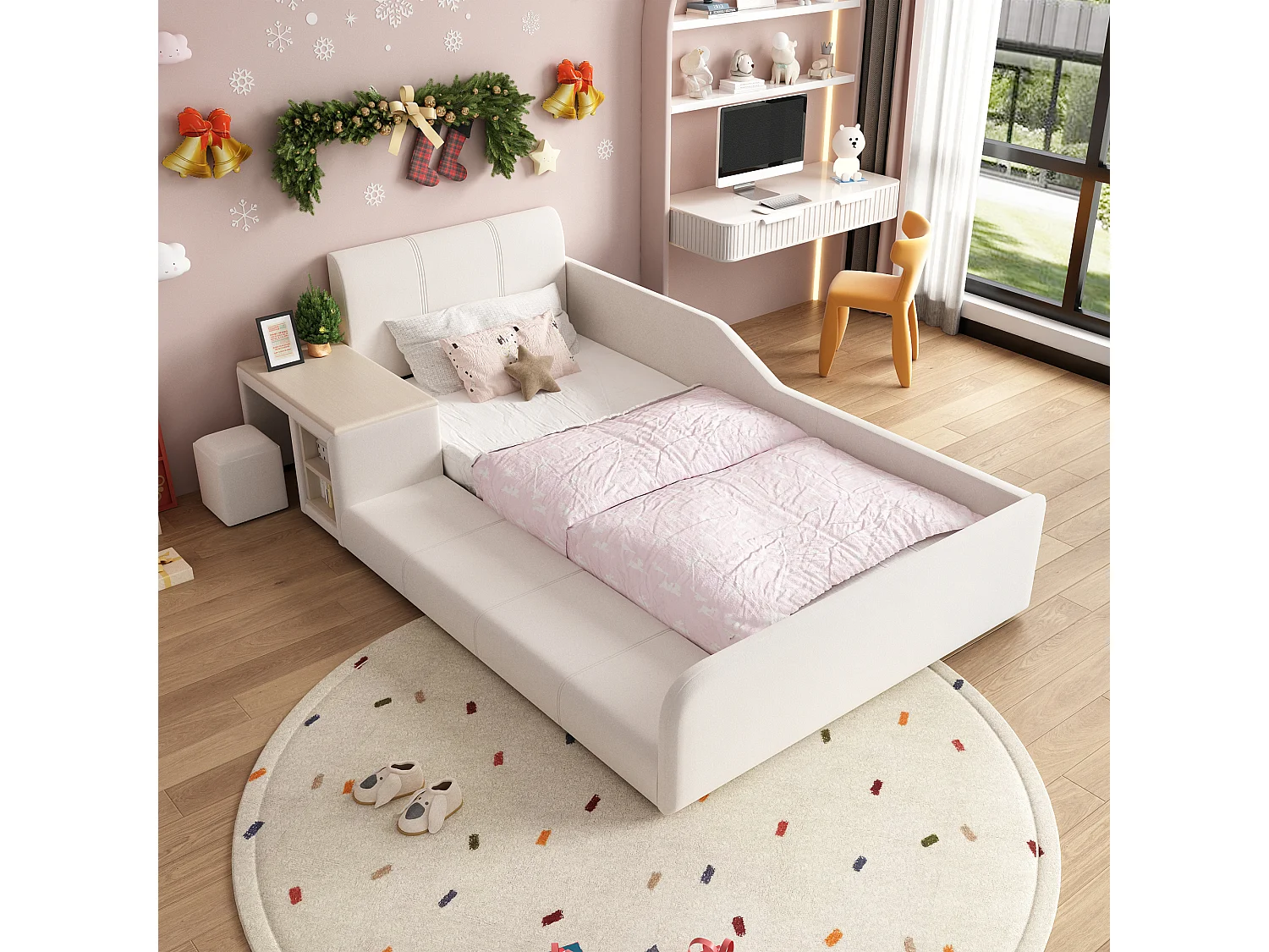 Łóżko tapicerowane dla dzieci 90 x 200 cm z biurkiem i taboretem + półka + zagłówek tapicerowany - welur - białe 4802539 - obrazek 1