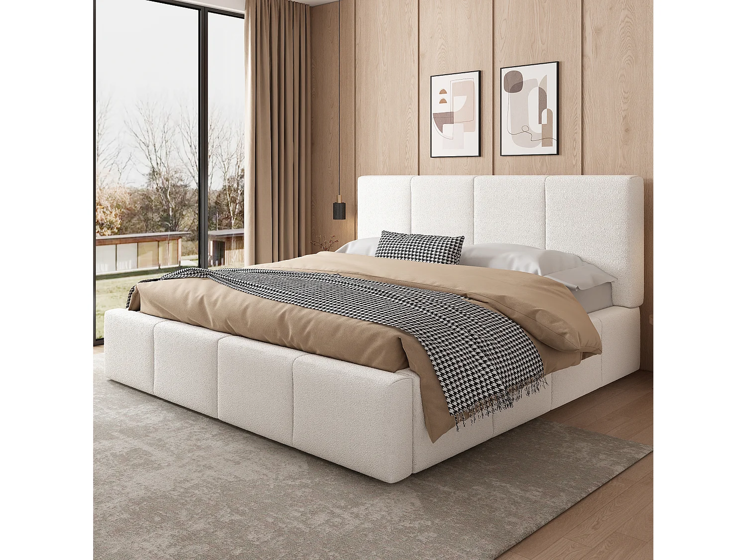 Łóżko tapicerowane dwuosobowe – 180 x 200 cm – z podstawą z listew + zagłówek – klamra – beżowe 4802563