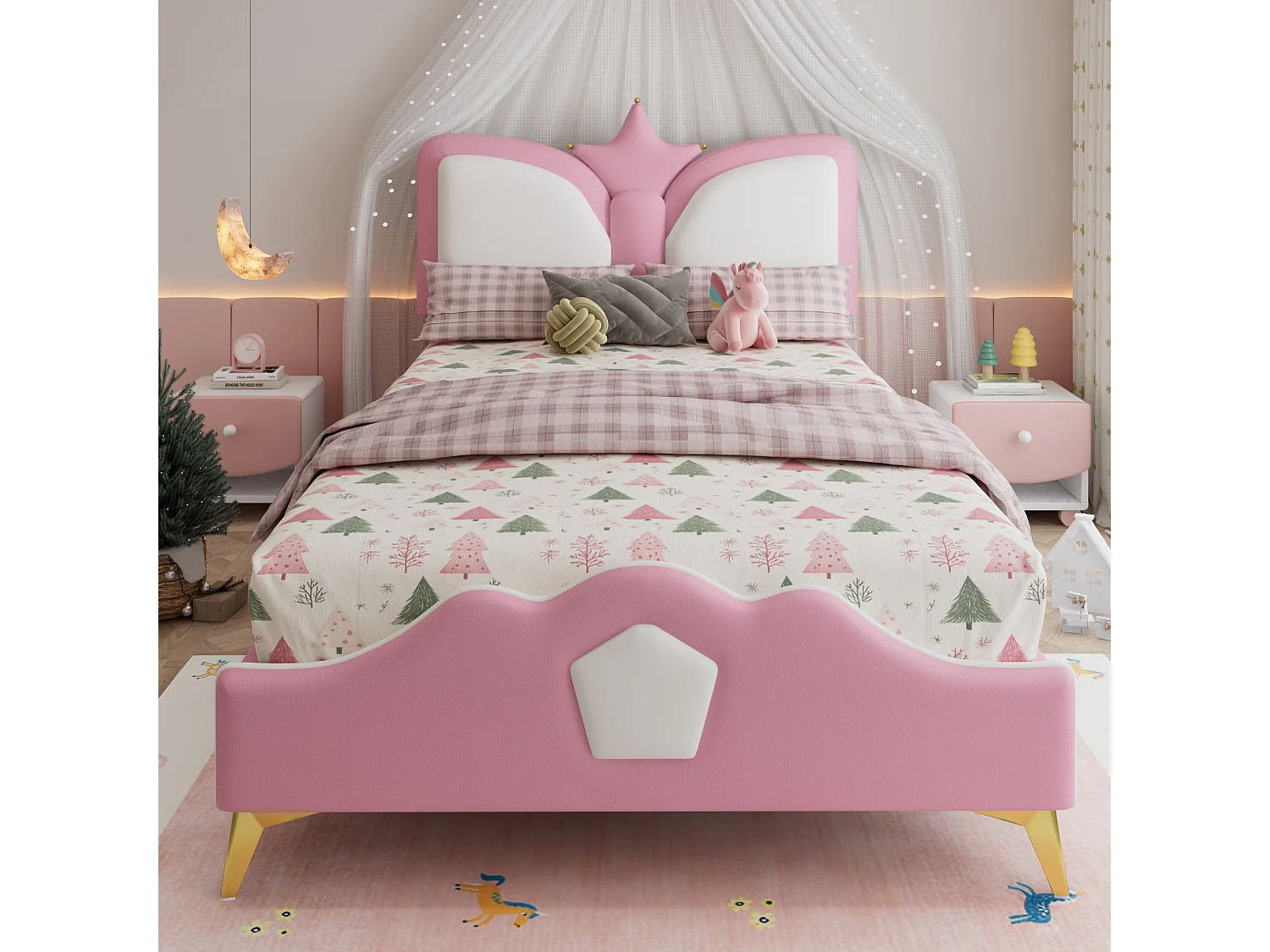 Łóżko tapicerowane dla dzieci 1-osobowe - 90 x 200 cm - zagłówek w kształcie korony - PU + żelazo + pianka - róż + biel 4802665 - obrazek 1