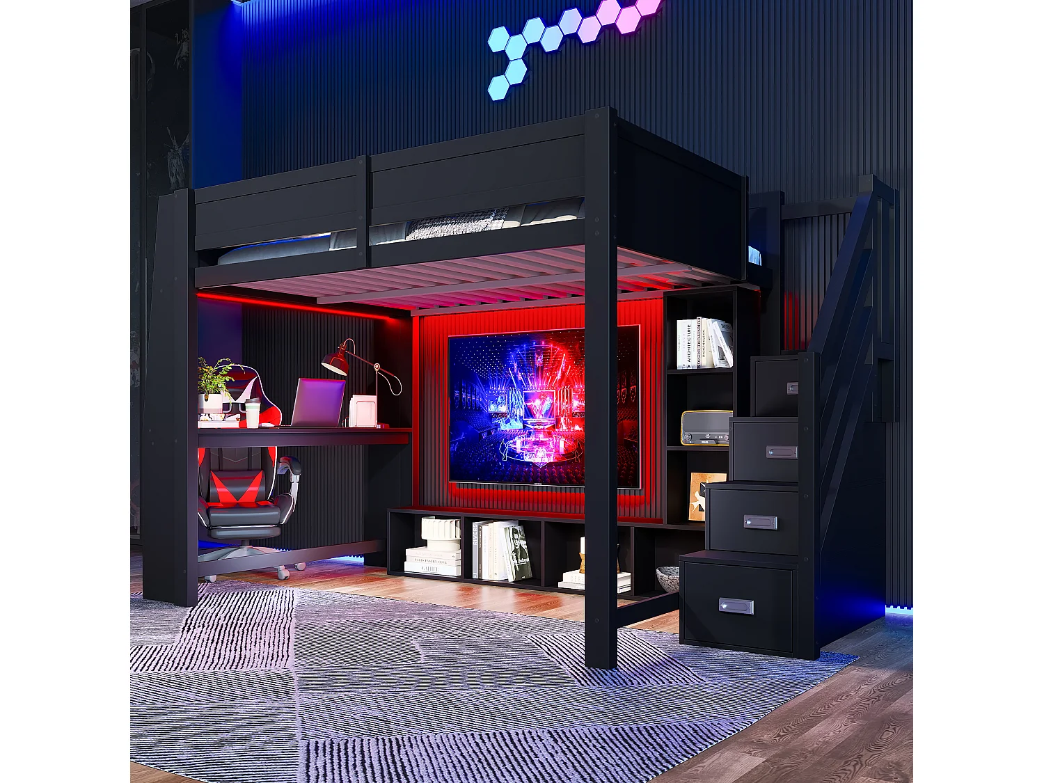 Łóżko piętrowe z drewna - 140 x 200 - z biurkiem + półką + oświetleniem LED + schodkami do przechowywania - MDF - czarne. 4802664 - obrazek 1