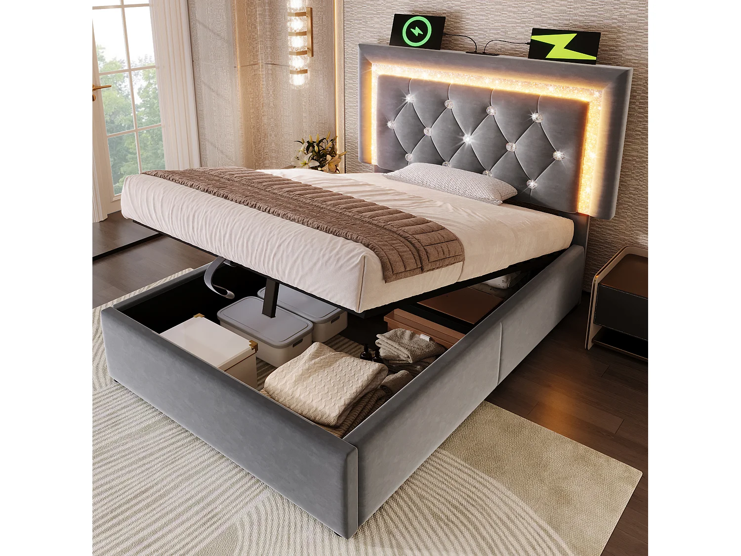 Łóżko tapicerowane, jednoosobowe, ze schowkiem - 90 x 200 cm - zagłówek z diodami LED + porty USB i typu C - hydrauliczny schowek - welur - szary 4802679 - obrazek 1