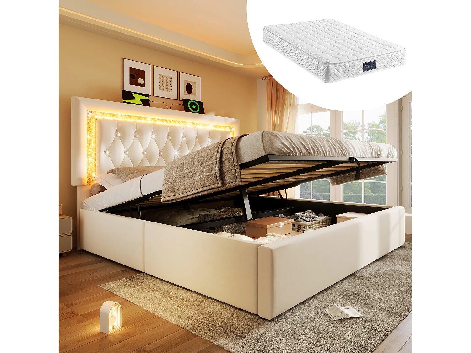 Łóżko tapicerowane dwuosobowe ze schowkiem - 160 x 200 cm - zagłówek z diodami LED + USB i Type-C - hydrauliczny schowek - welur - beżowe (z materacem) 4802687 - obrazek 1
